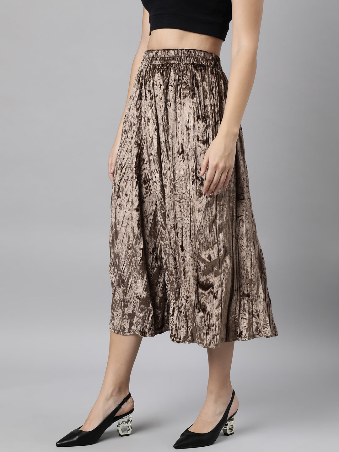 Women Solid Beige Flared Midi Skirt