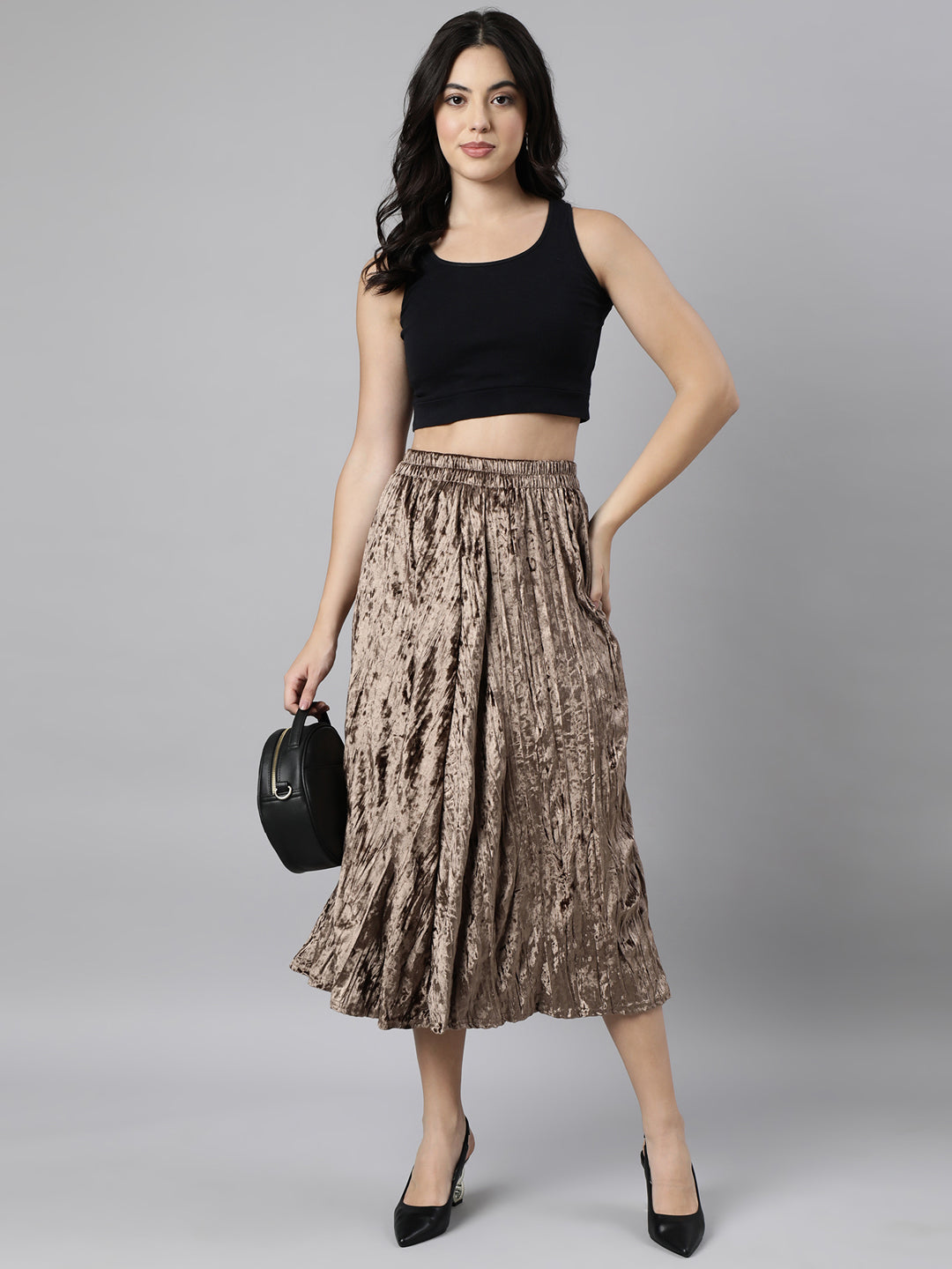 Women Solid Beige Flared Midi Skirt