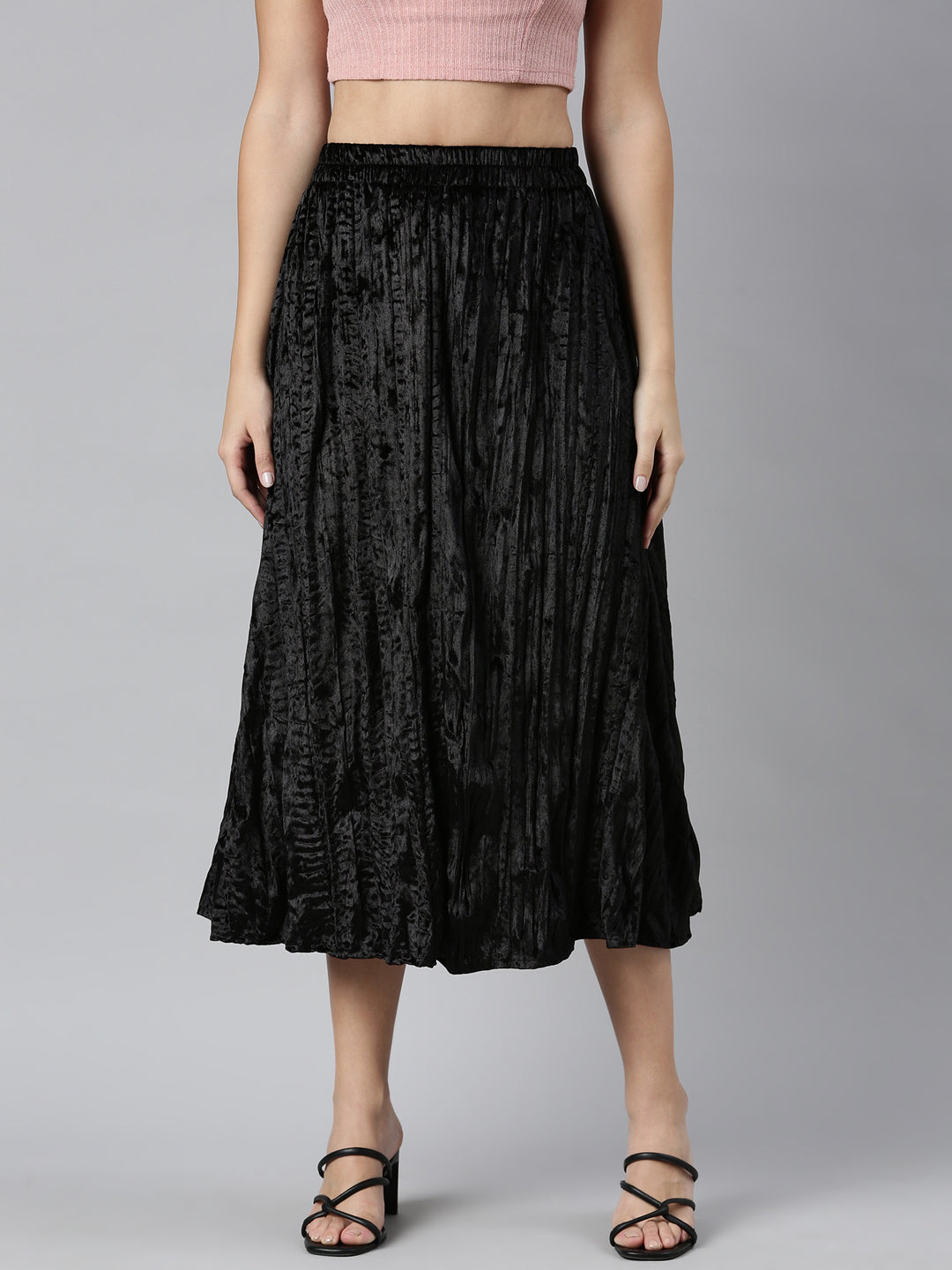 Women Solid Black Flared Midi Skirt