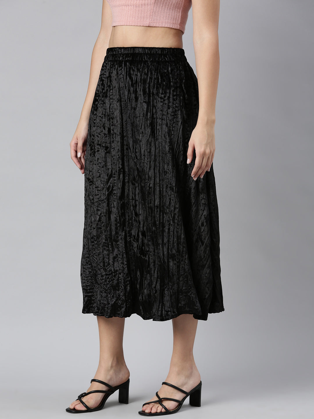 Women Solid Black Flared Midi Skirt