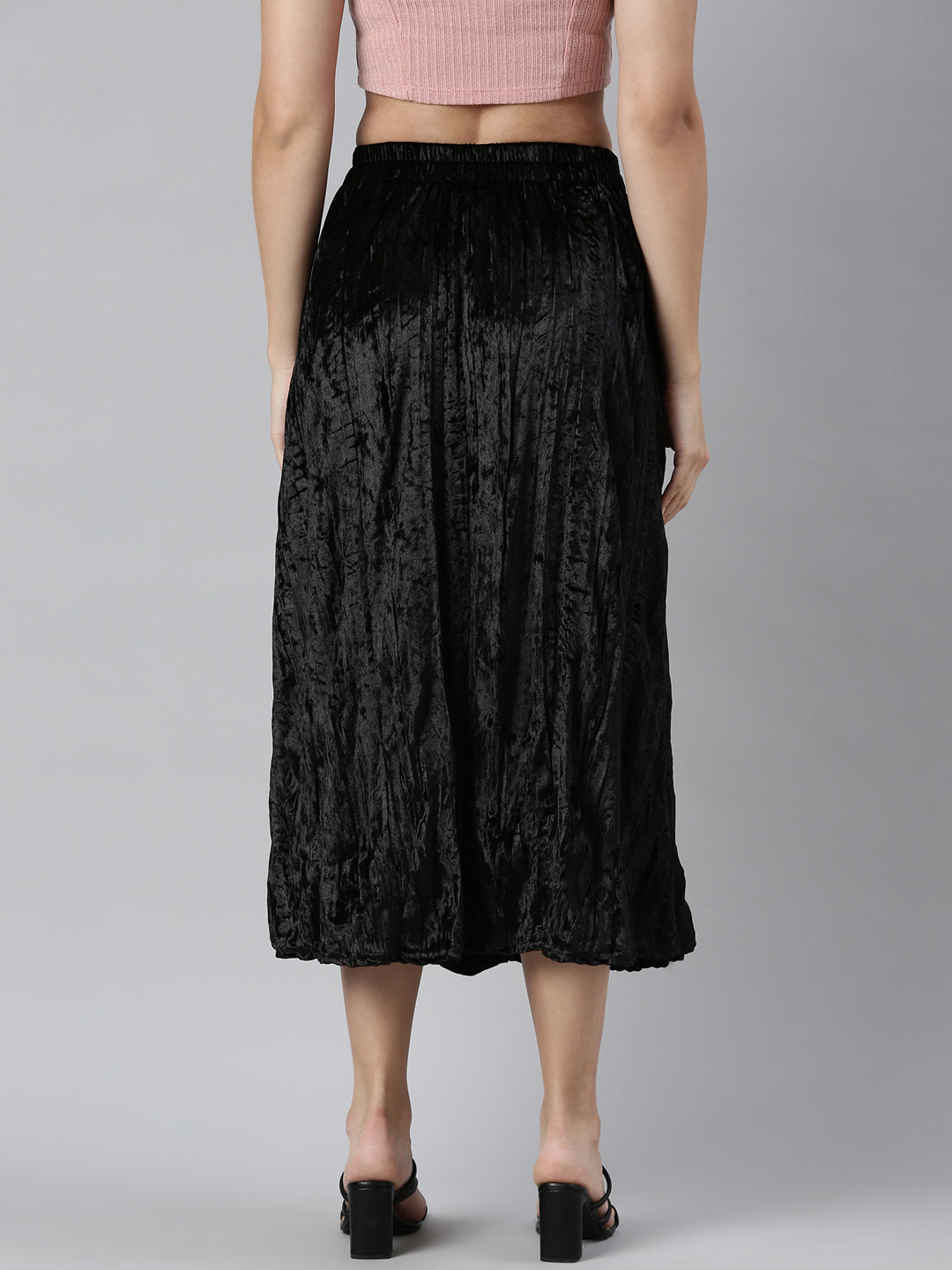 Women Solid Black Flared Midi Skirt