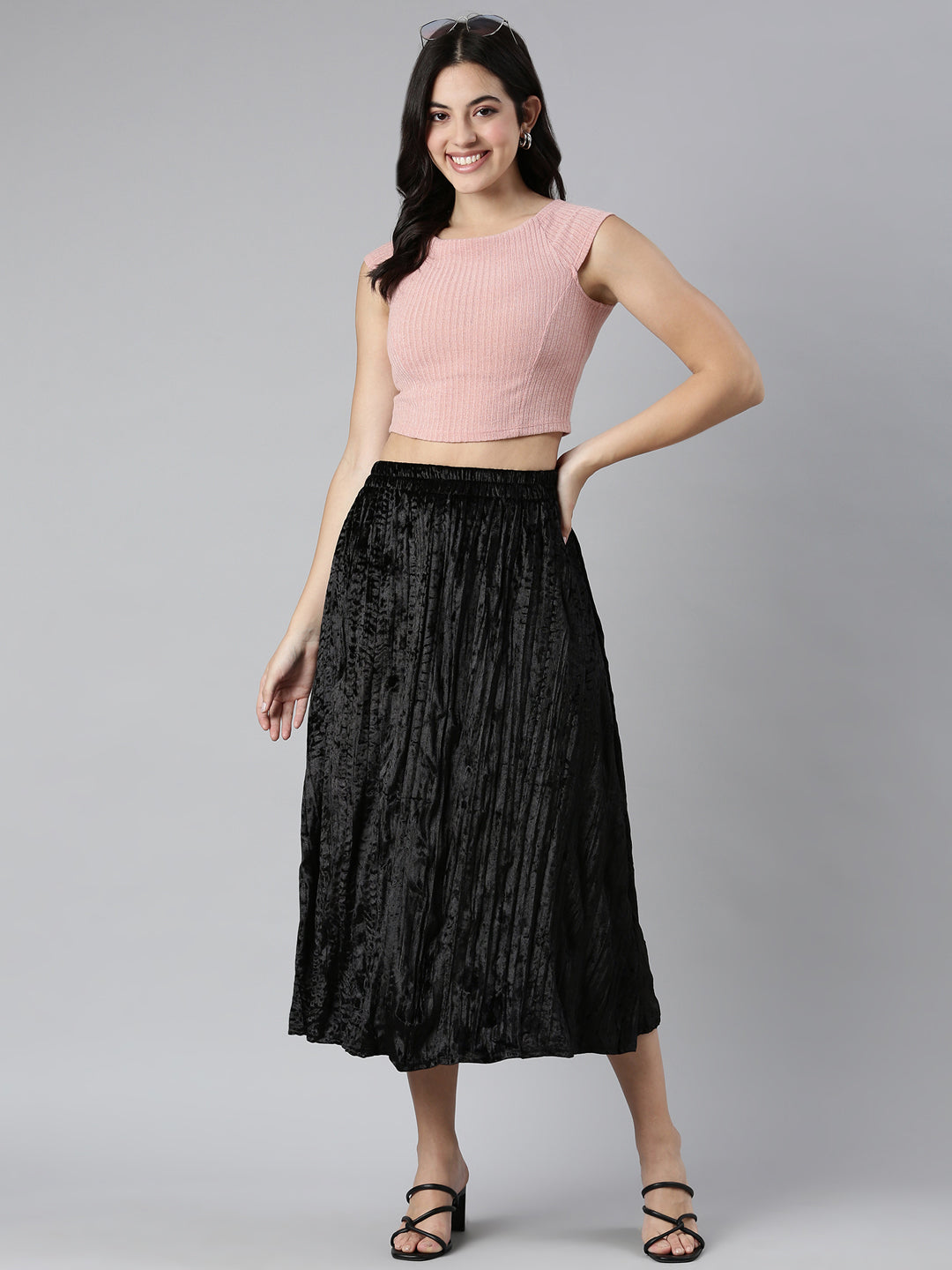 Women Solid Black Flared Midi Skirt