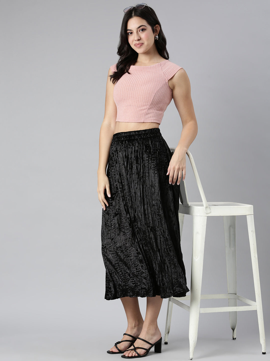 Women Solid Black Flared Midi Skirt