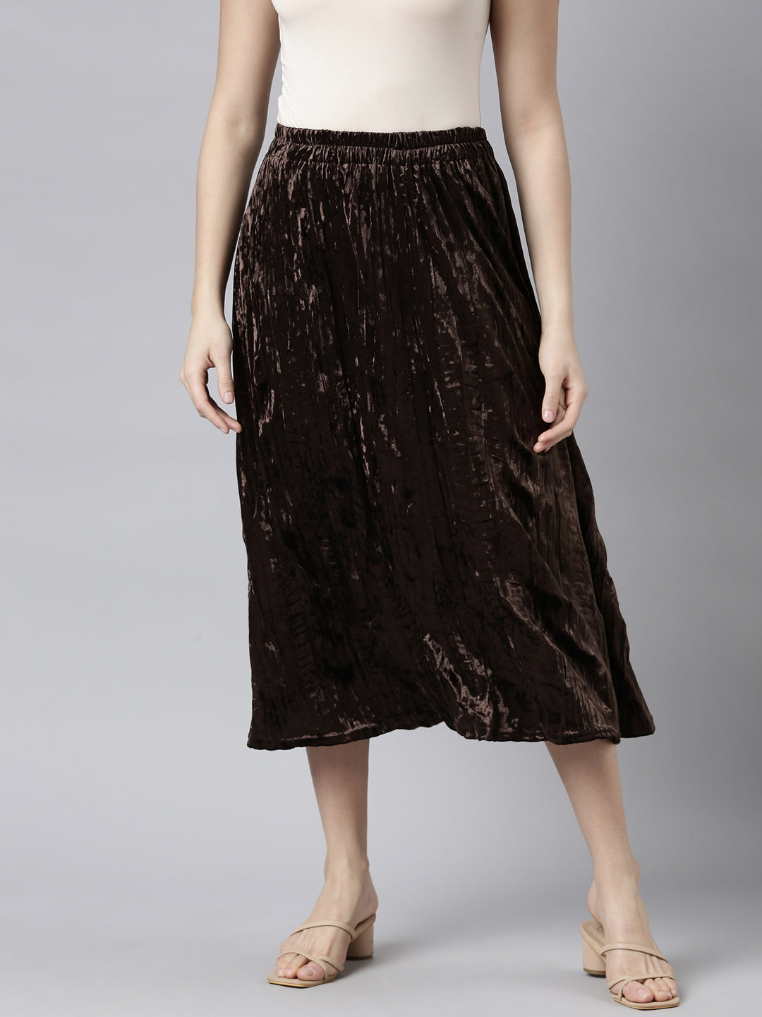 Women Solid Brown Flared Midi Skirt