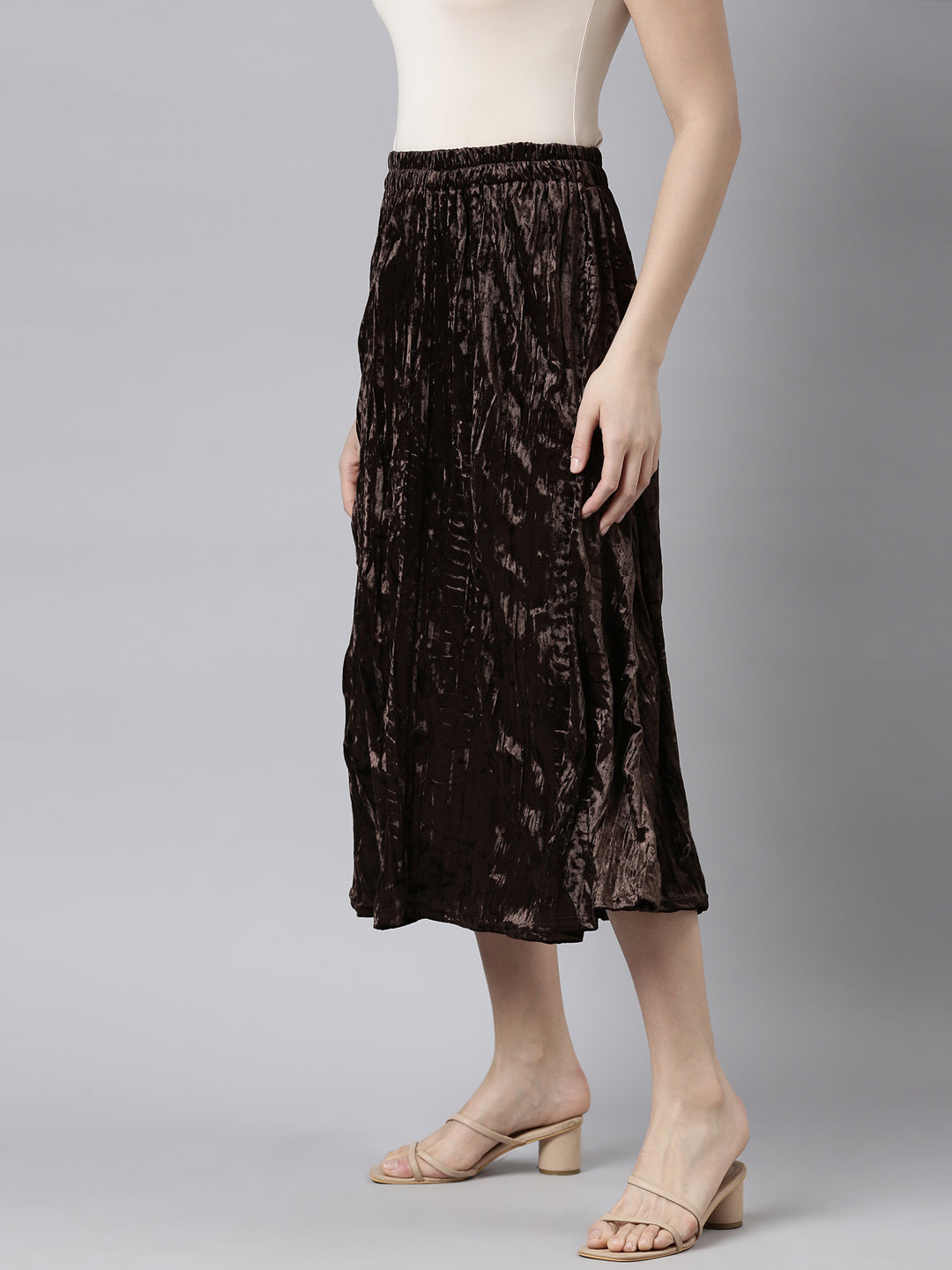 Women Solid Brown Flared Midi Skirt