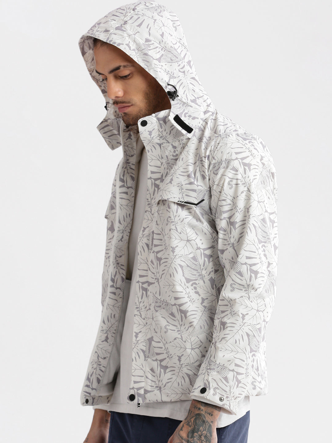 Men's Hooded White Abstract Tailored Oversized Jacket comes with Detachable Hoodie and Inner fleece Jacket