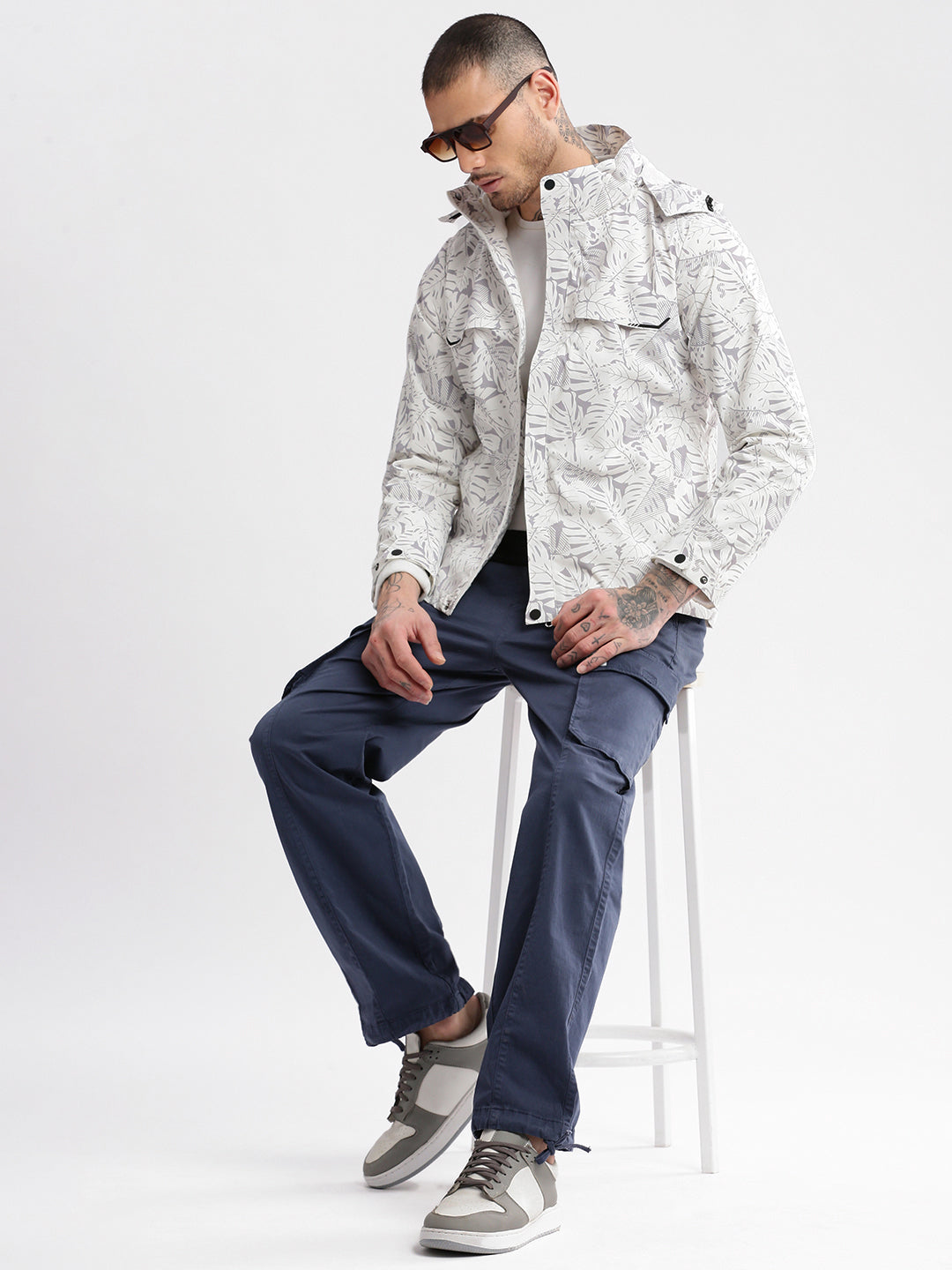 Men's Hooded White Abstract Tailored Oversized Jacket comes with Detachable Hoodie and Inner fleece Jacket