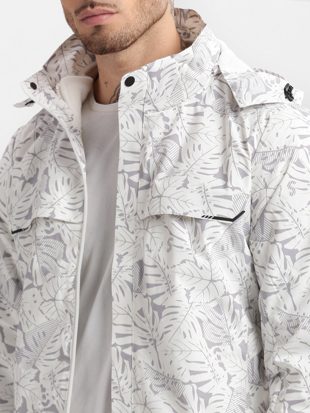 Men's Hooded White Abstract Tailored Oversized Jacket comes with Detachable Hoodie and Inner fleece Jacket