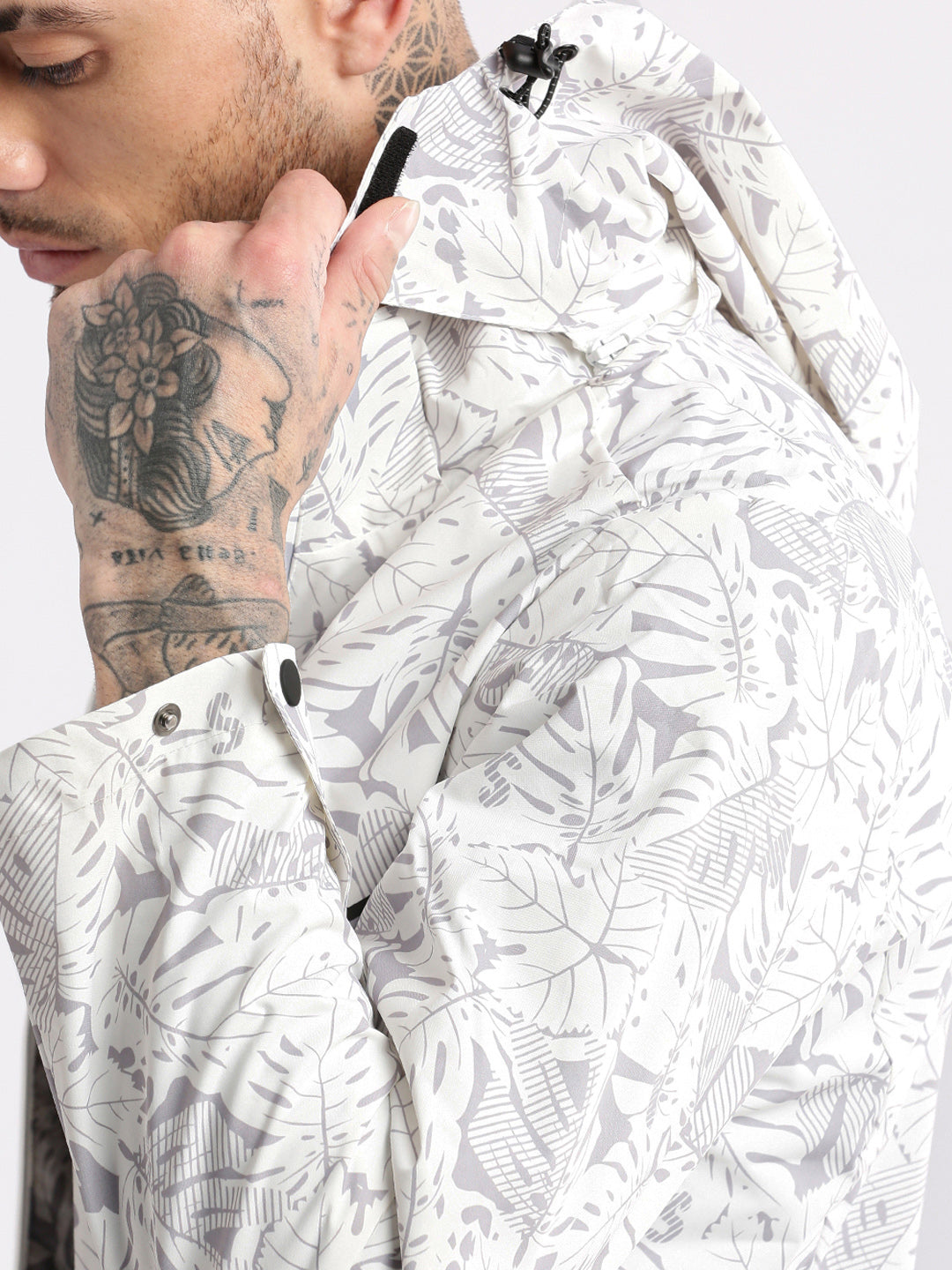 Men's Hooded White Abstract Tailored Oversized Jacket comes with Detachable Hoodie and Inner fleece Jacket