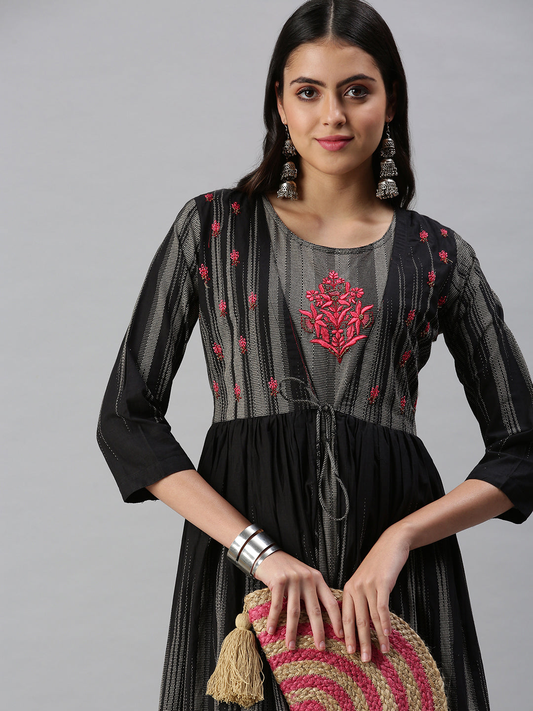 Women's Grey & Black Printed Anarkali Kurta