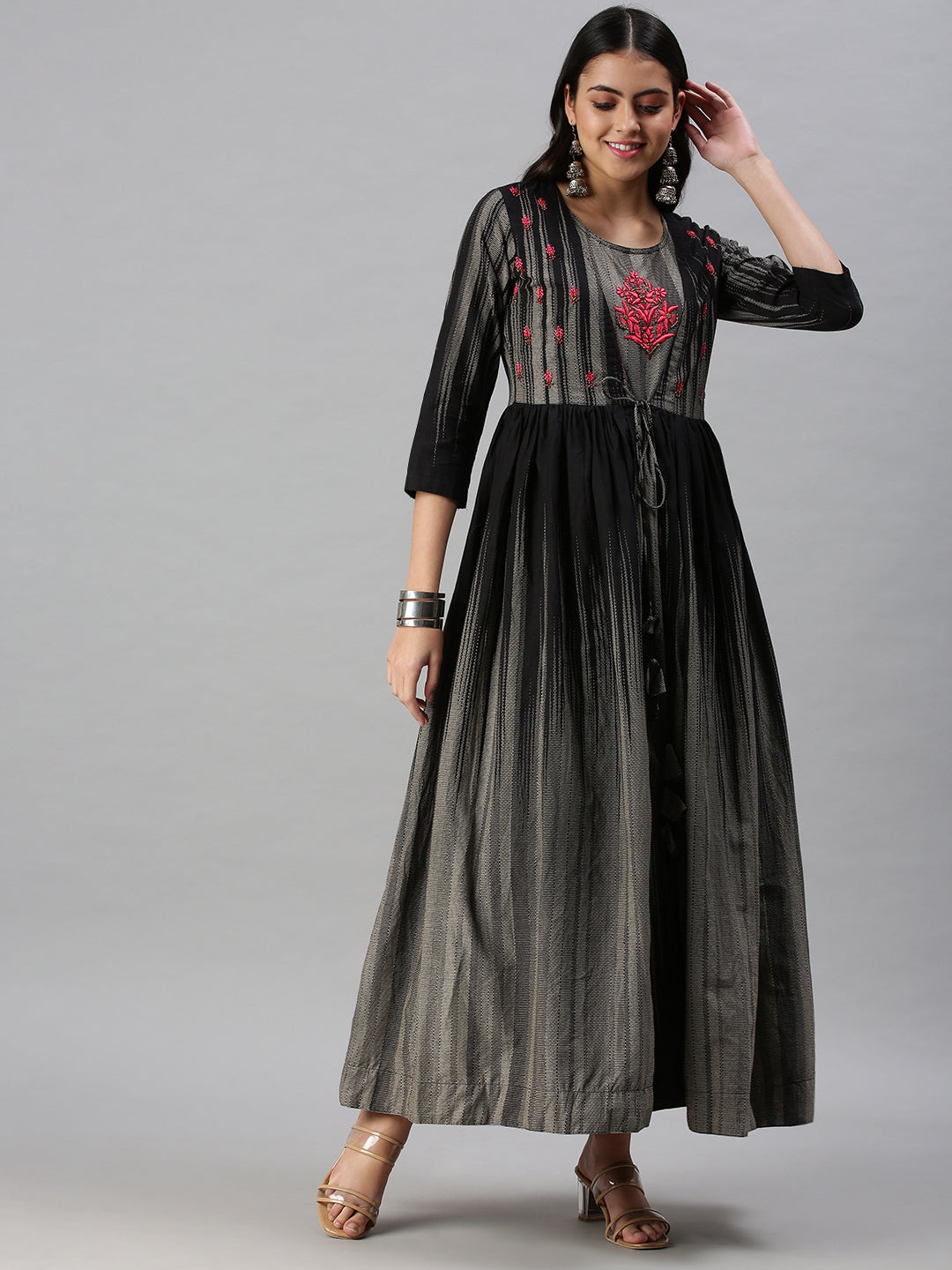 Women's Grey & Black Printed Anarkali Kurta