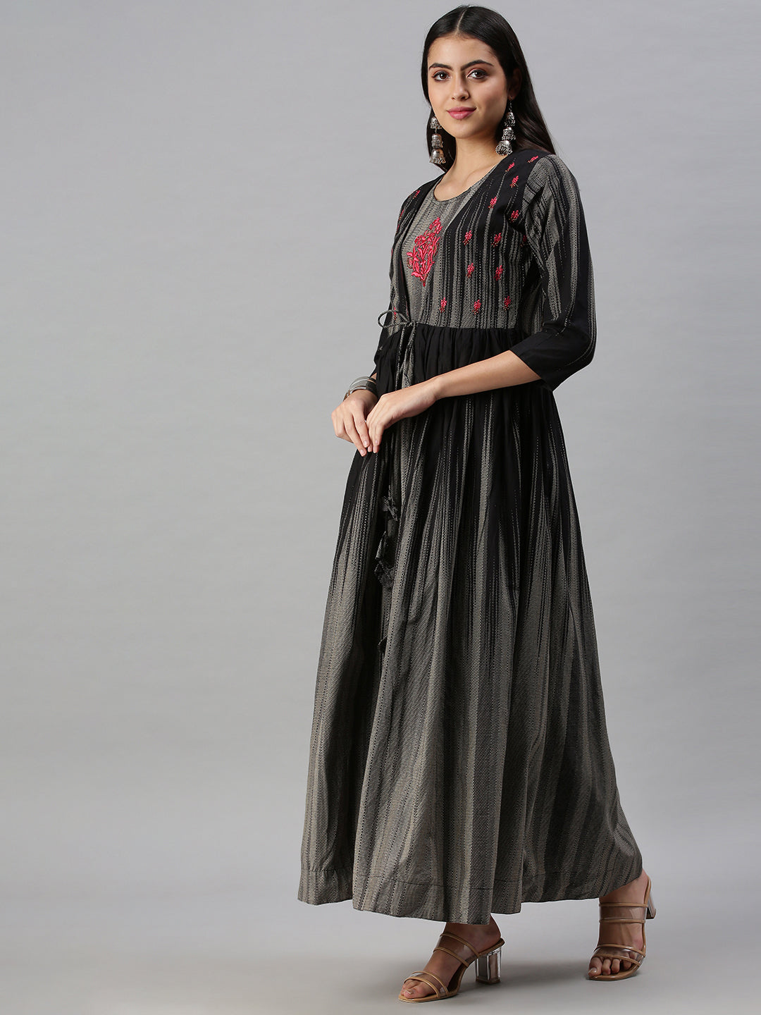 Women's Grey & Black Printed Anarkali Kurta