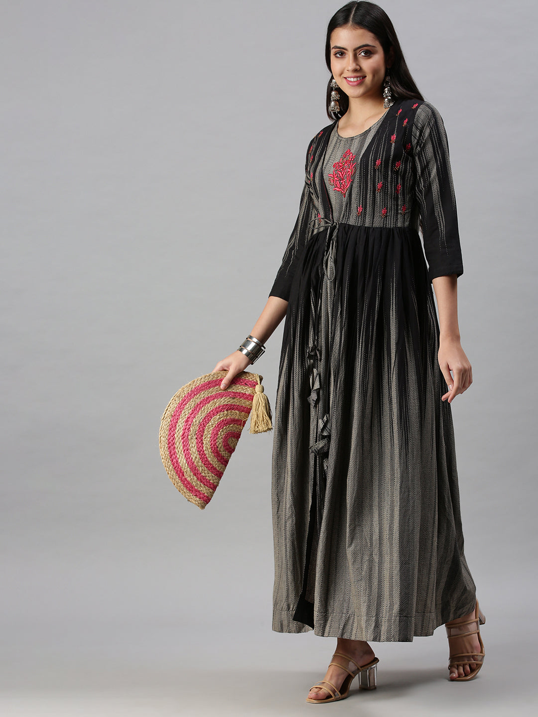 Women's Grey & Black Printed Anarkali Kurta