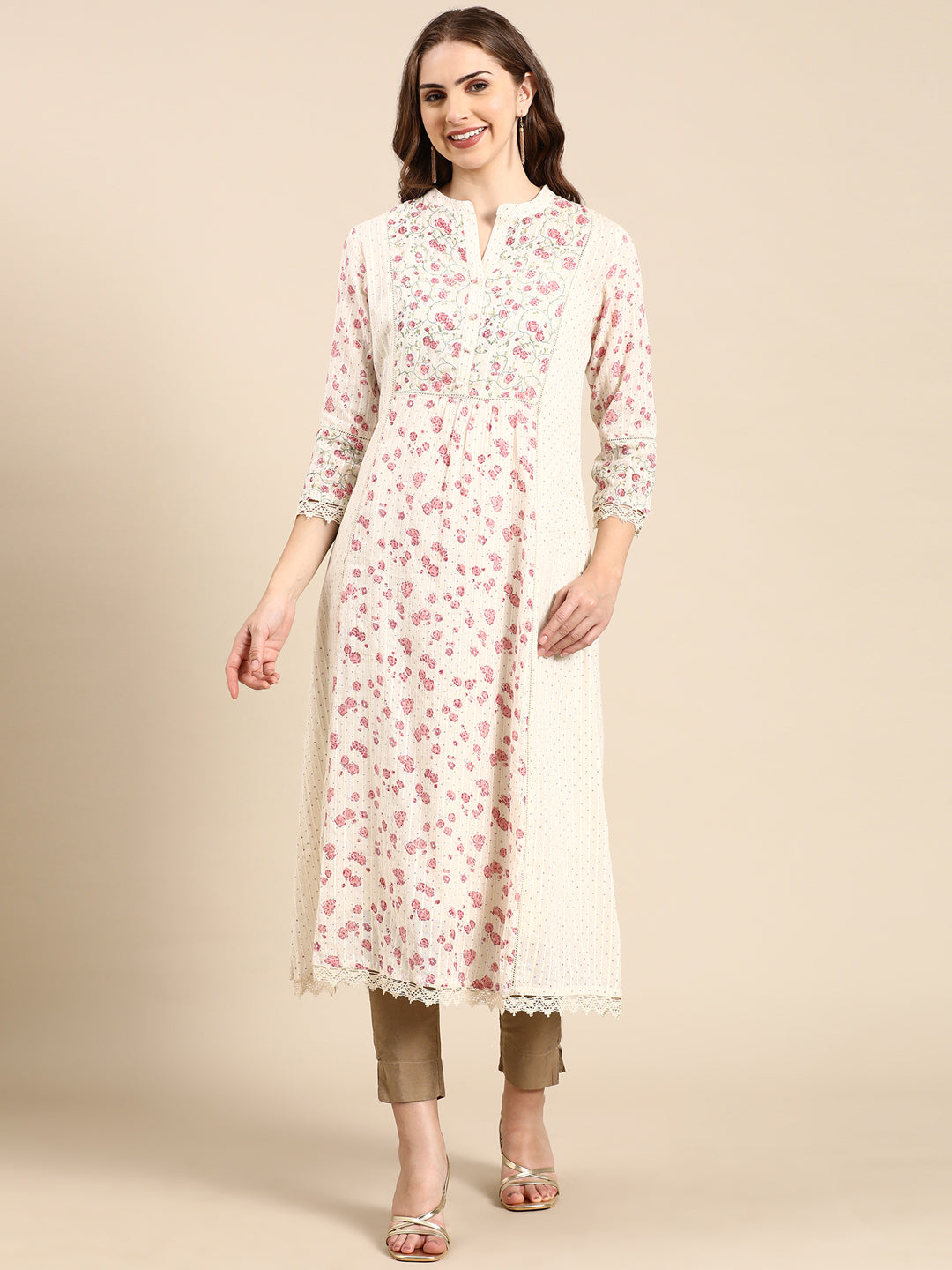 Women's Cream Floral A-Line Kurta