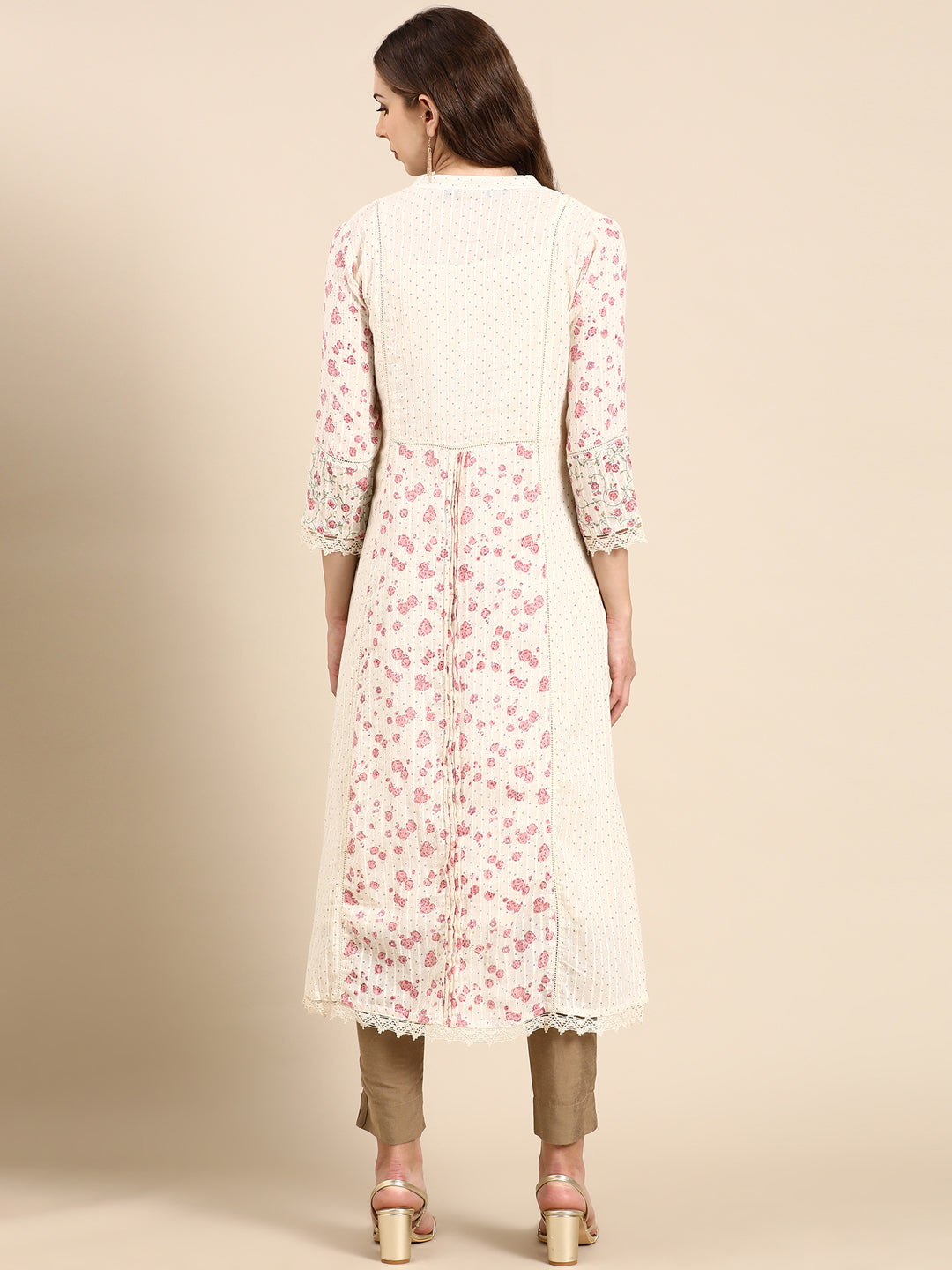 Women's Cream Floral A-Line Kurta