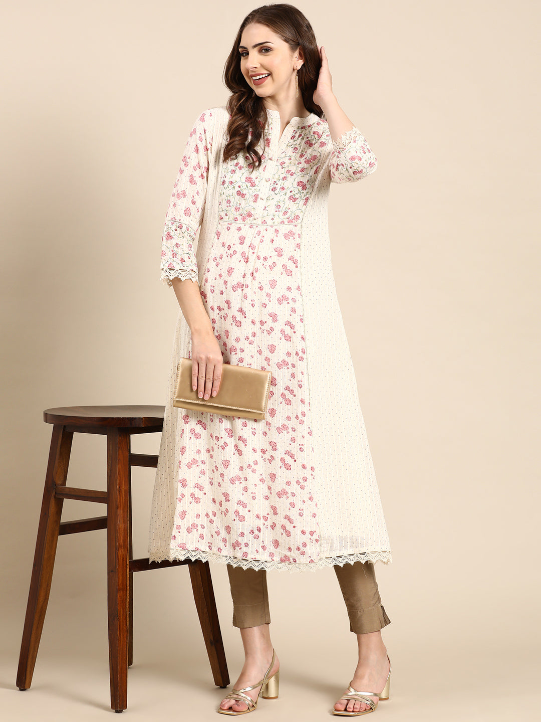 Women's Cream Floral A-Line Kurta