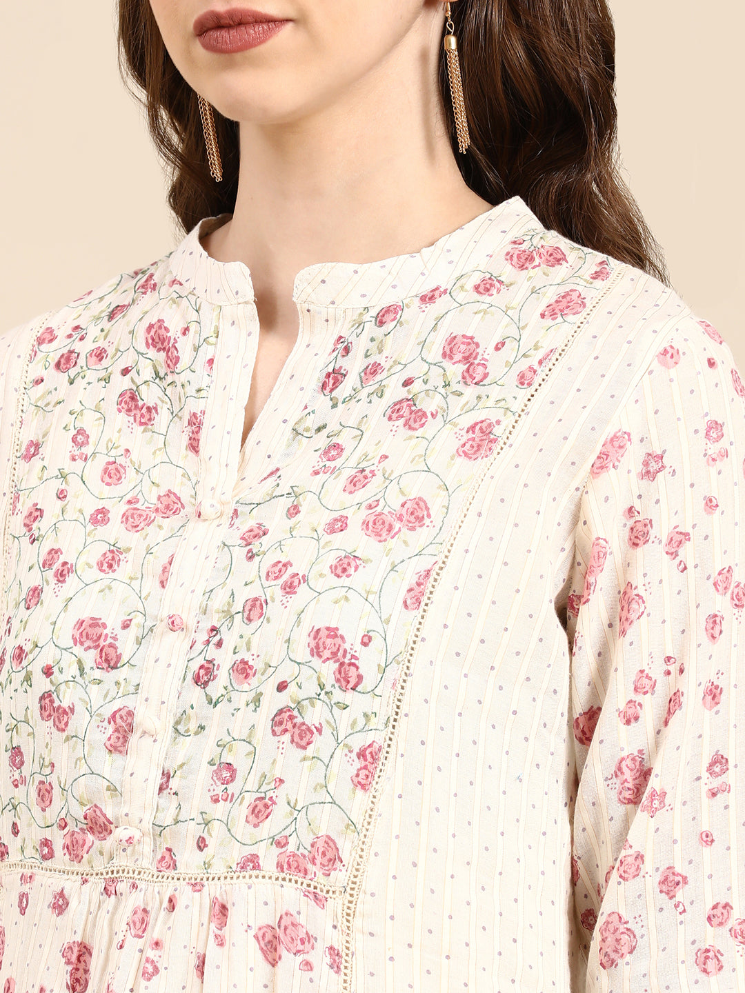 Women's Cream Floral A-Line Kurta