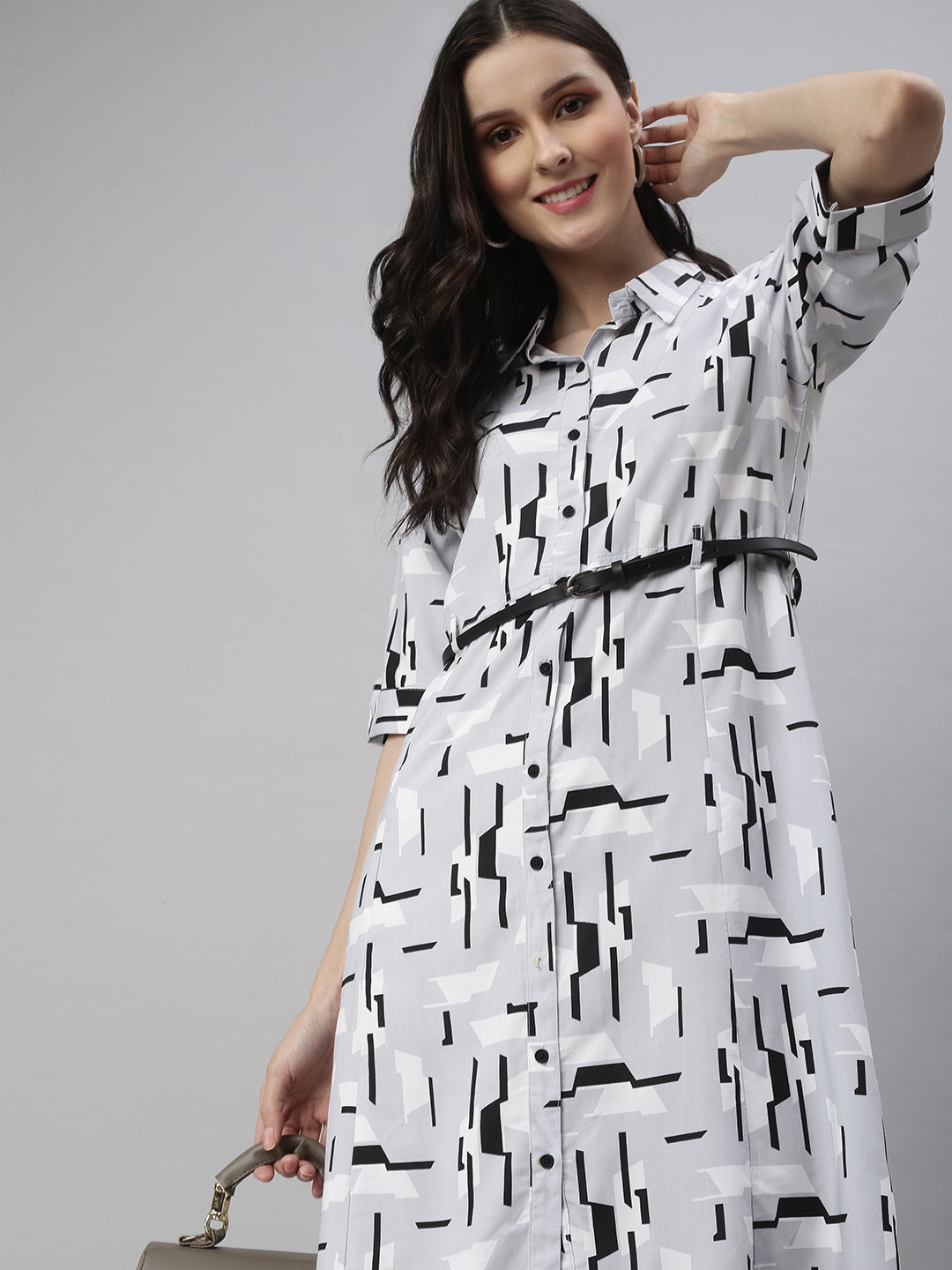 Women Grey Printed Shirt Dress