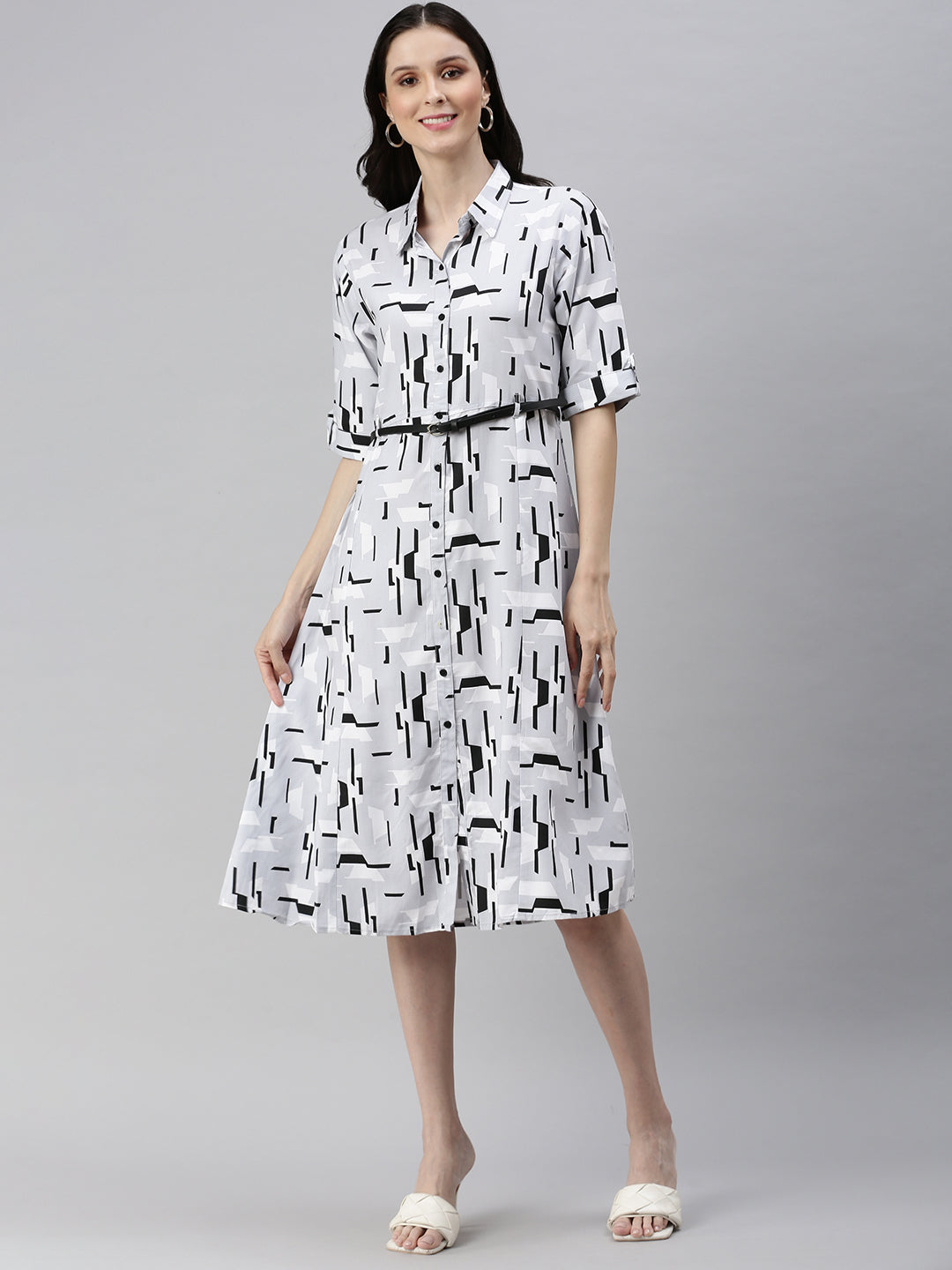 Women Grey Printed Shirt Dress