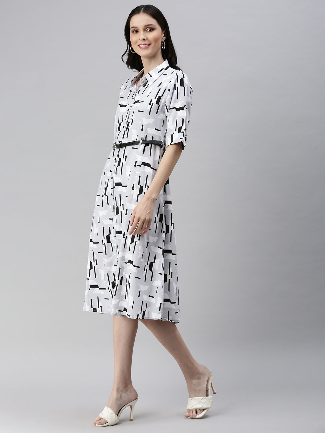 Women Grey Printed Shirt Dress