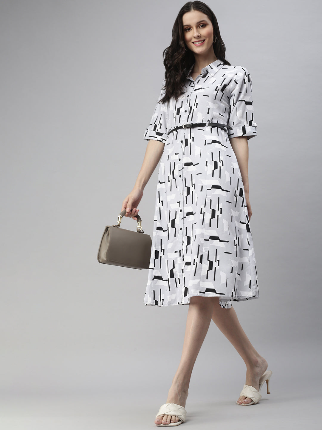 Women Grey Printed Shirt Dress