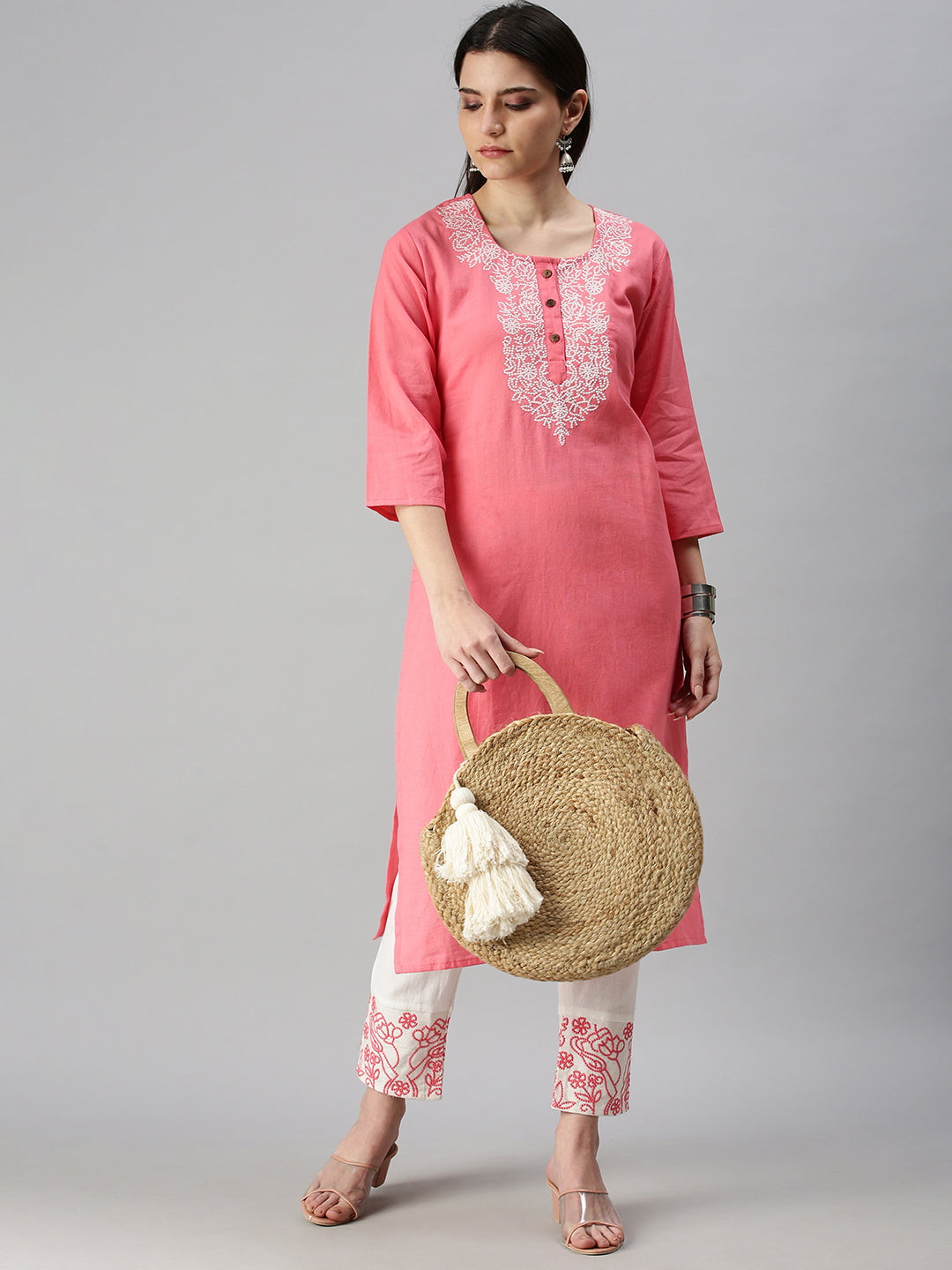 Women's Peach Embroidered Kurta Sets