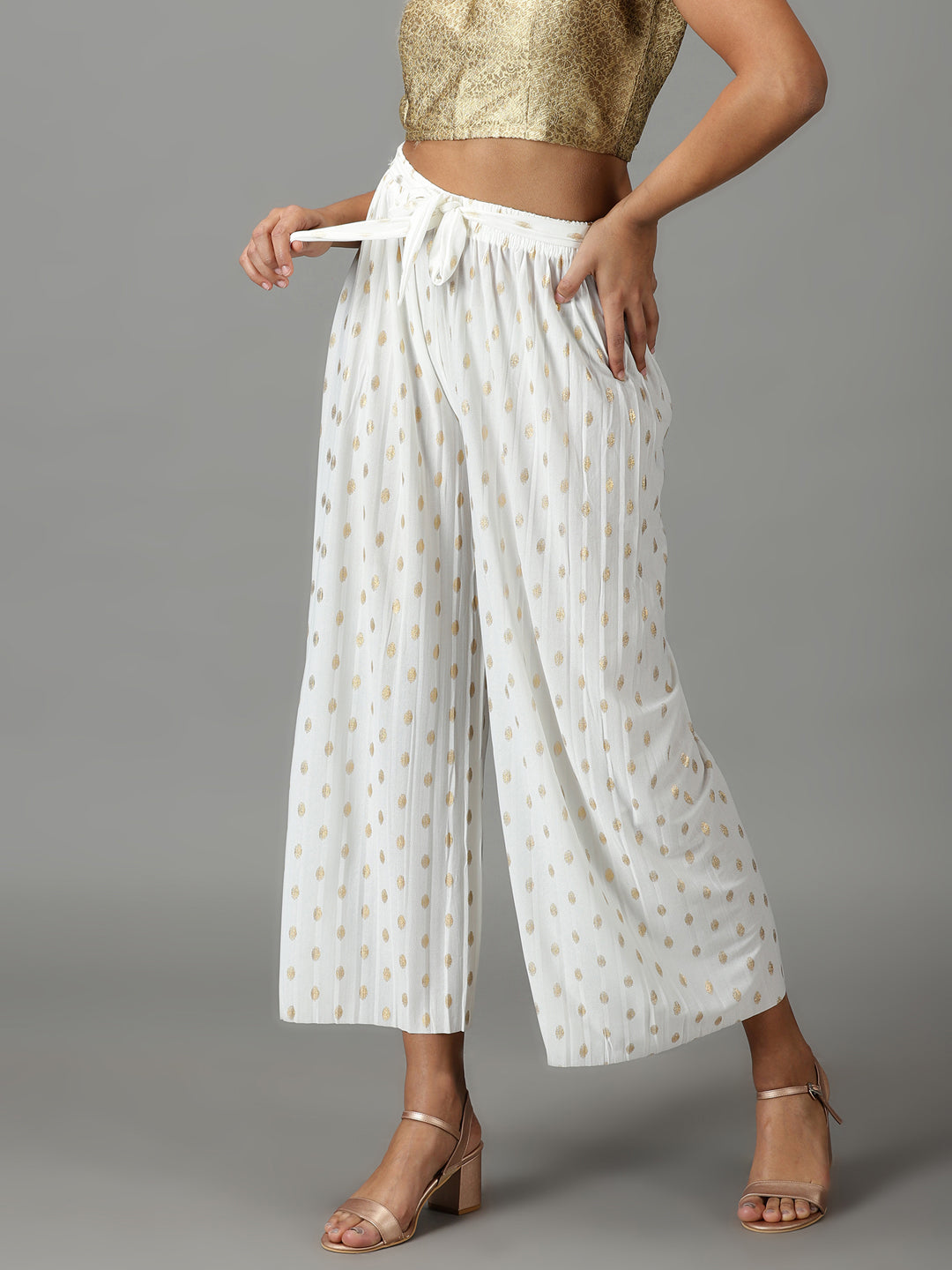 Women's White Printed Parallel Trouser