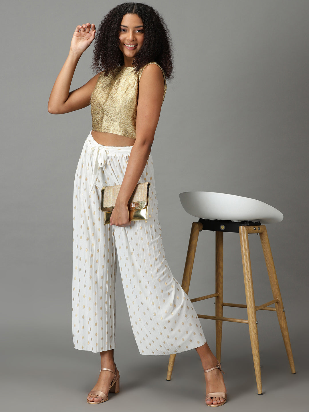 Women's White Printed Parallel Trouser