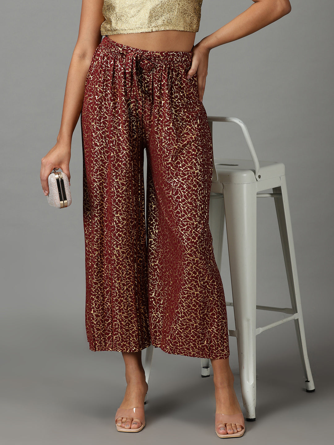 Women's Maroon Printed Parallel Trouser