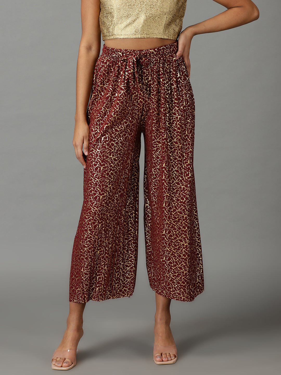 Women's Maroon Printed Parallel Trouser