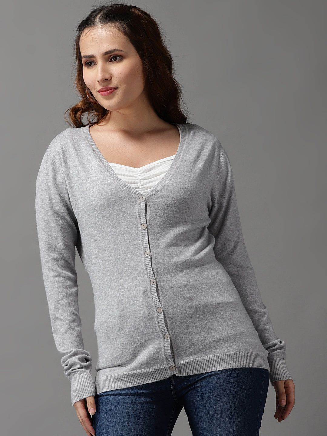 Women's Grey Solid Front-Open Sweater
