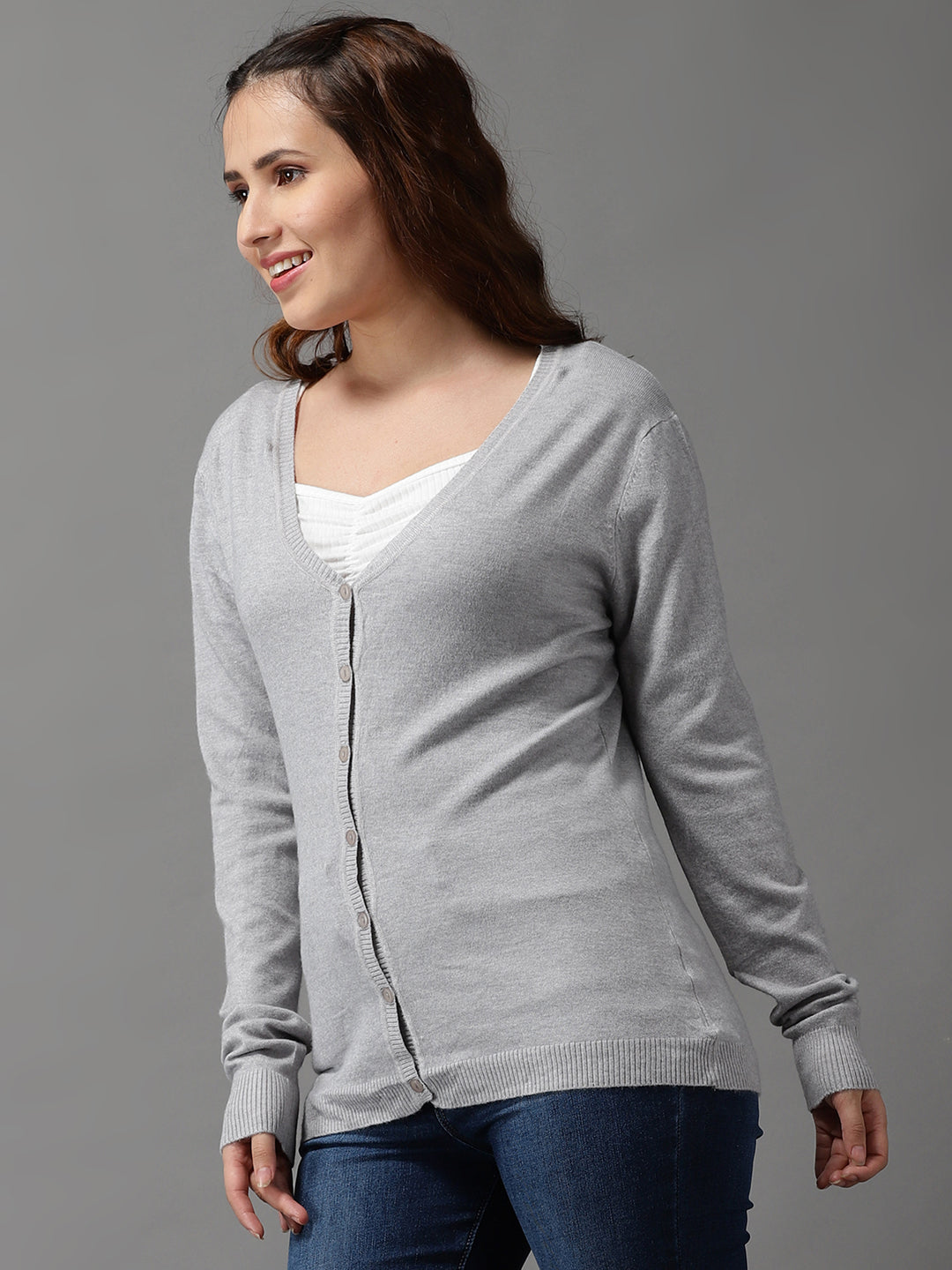 Women's Grey Solid Front-Open Sweater