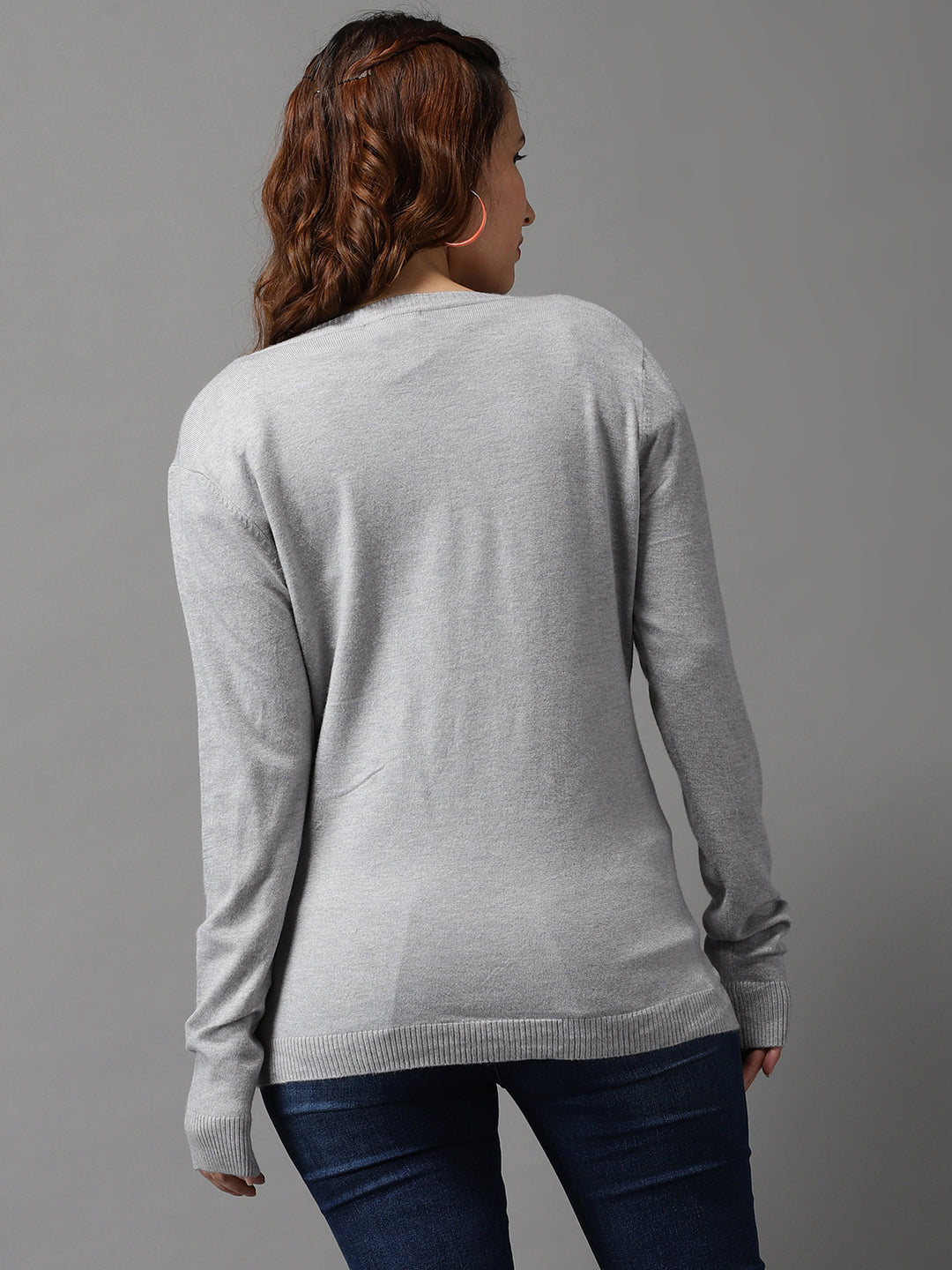 Women's Grey Solid Front-Open Sweater