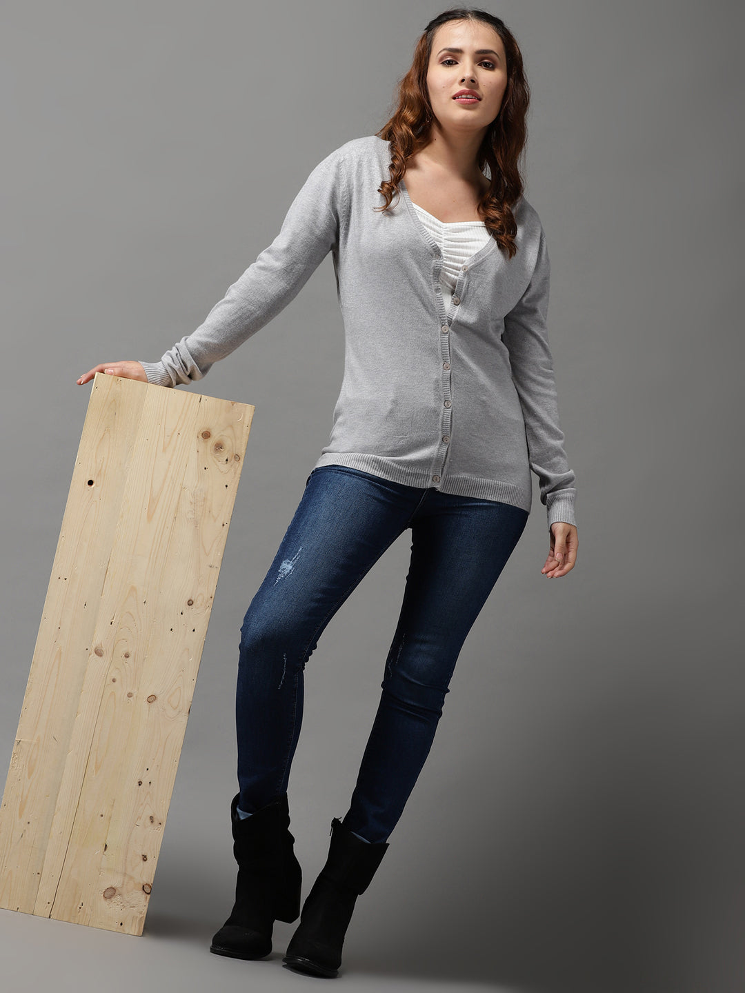 Women's Grey Solid Front-Open Sweater