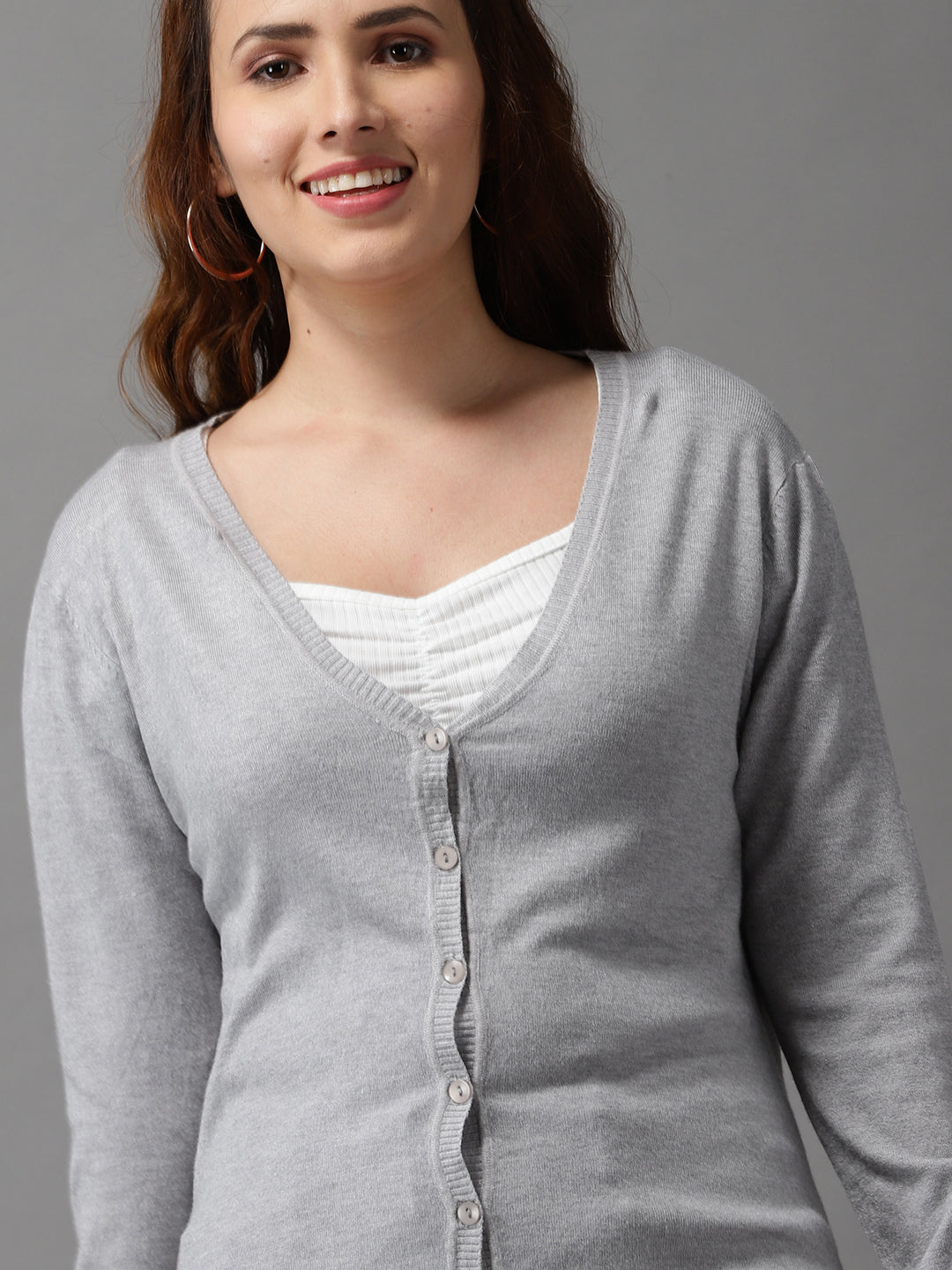 Women's Grey Solid Front-Open Sweater