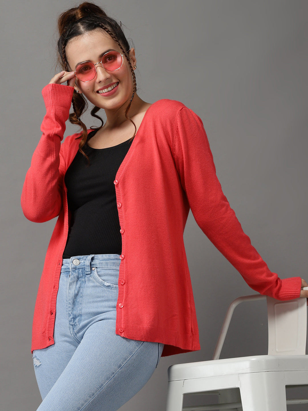 Women's Pink Solid Front-Open Sweater