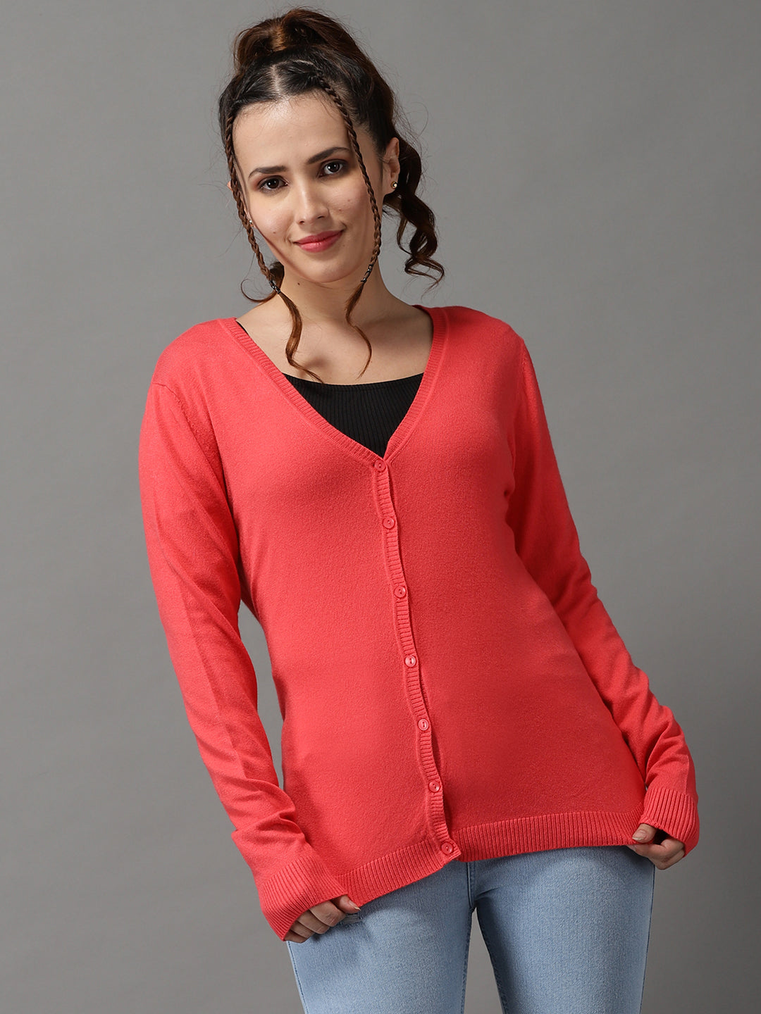 Women's Pink Solid Front-Open Sweater