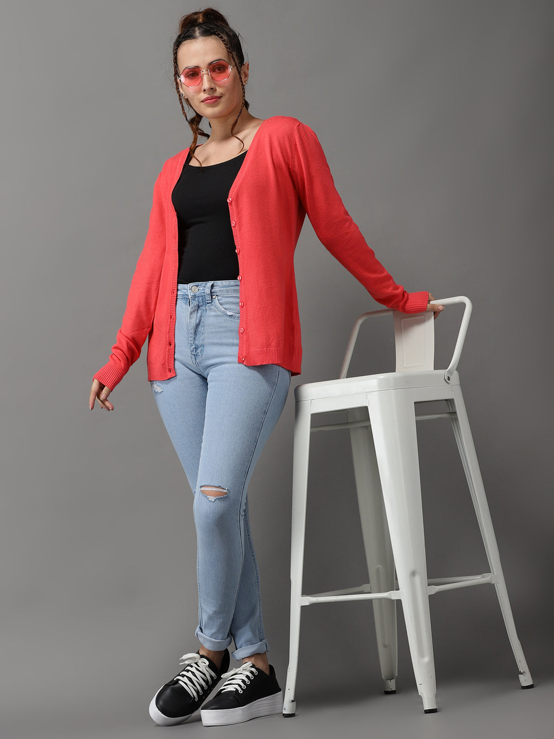 Women's Pink Solid Front-Open Sweater