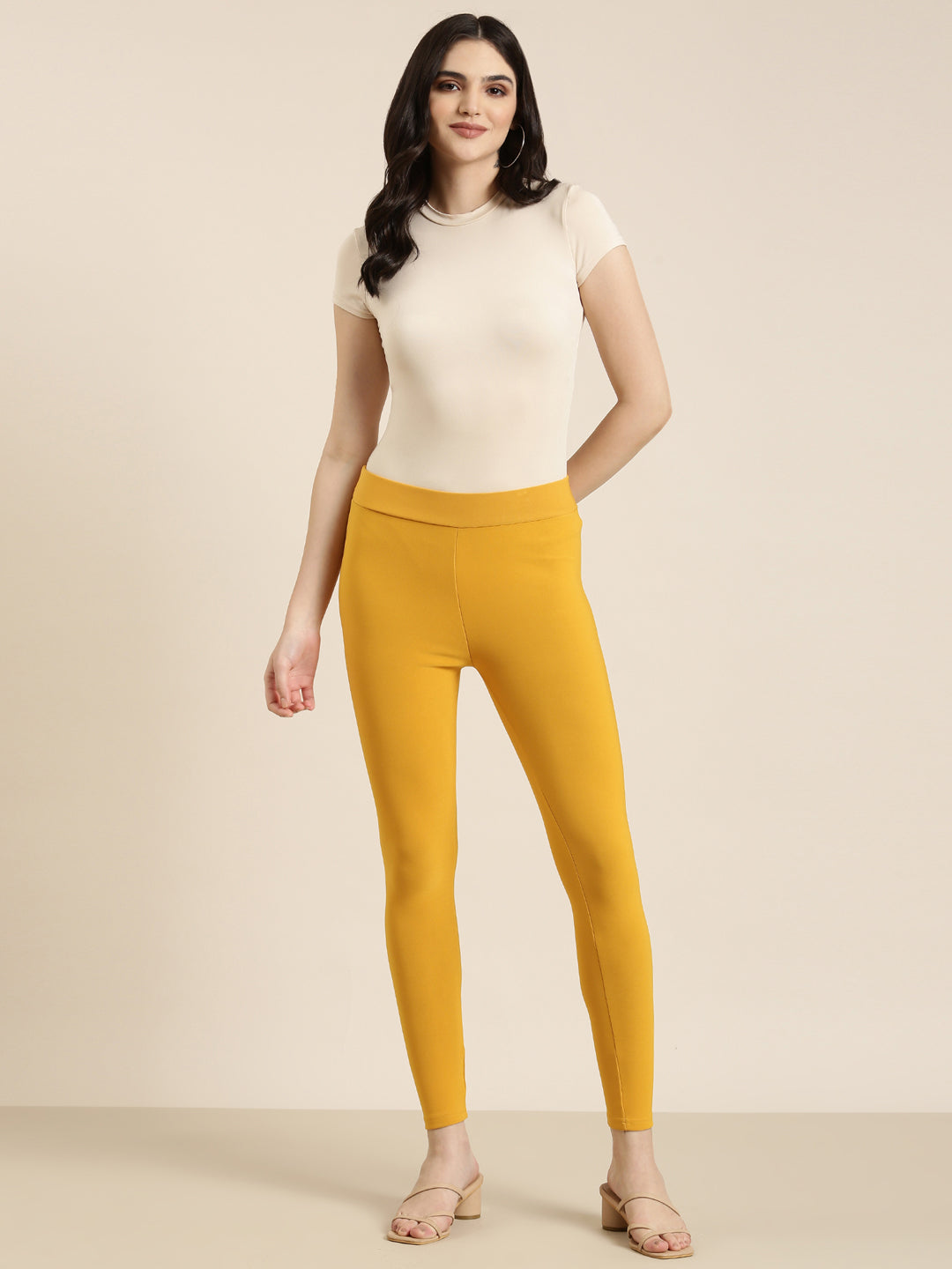 Women Mustard Solid Leggings