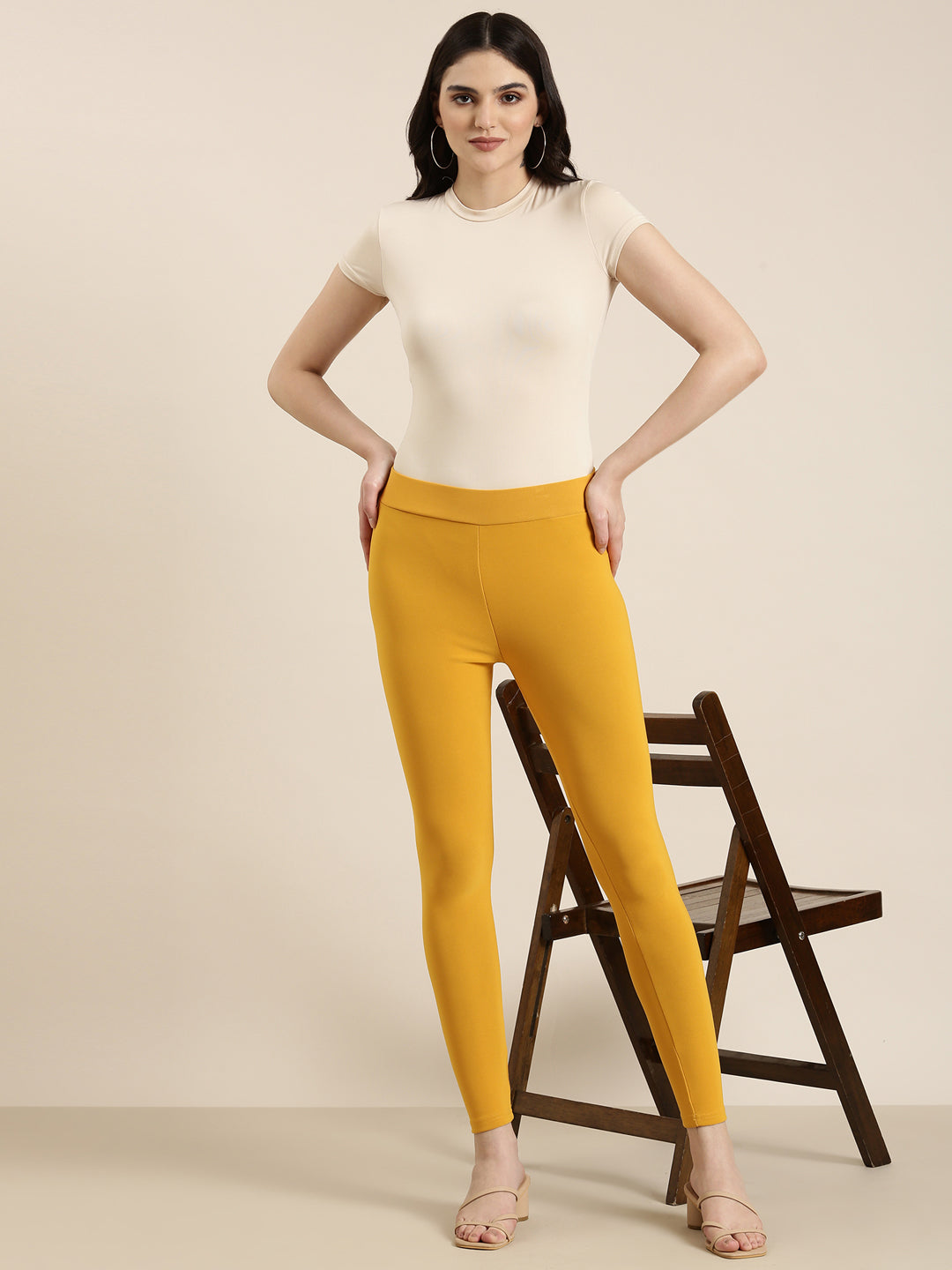 Women Mustard Solid Leggings