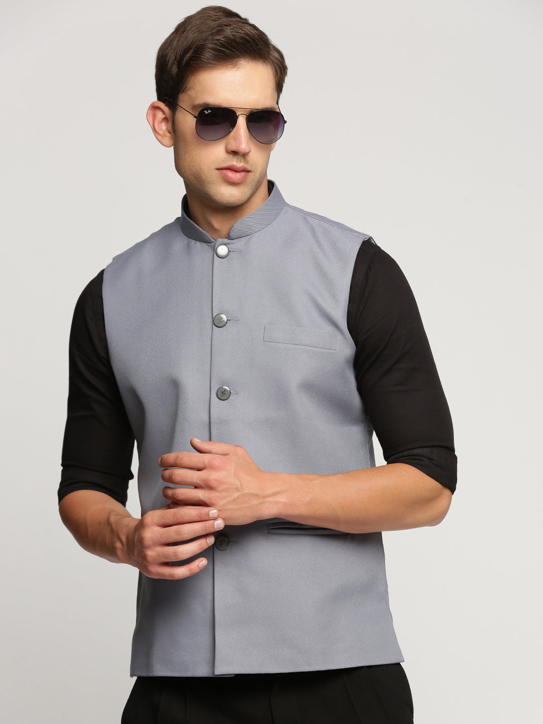 Men Grey Mandarin Collar Solid Nehru Jacket