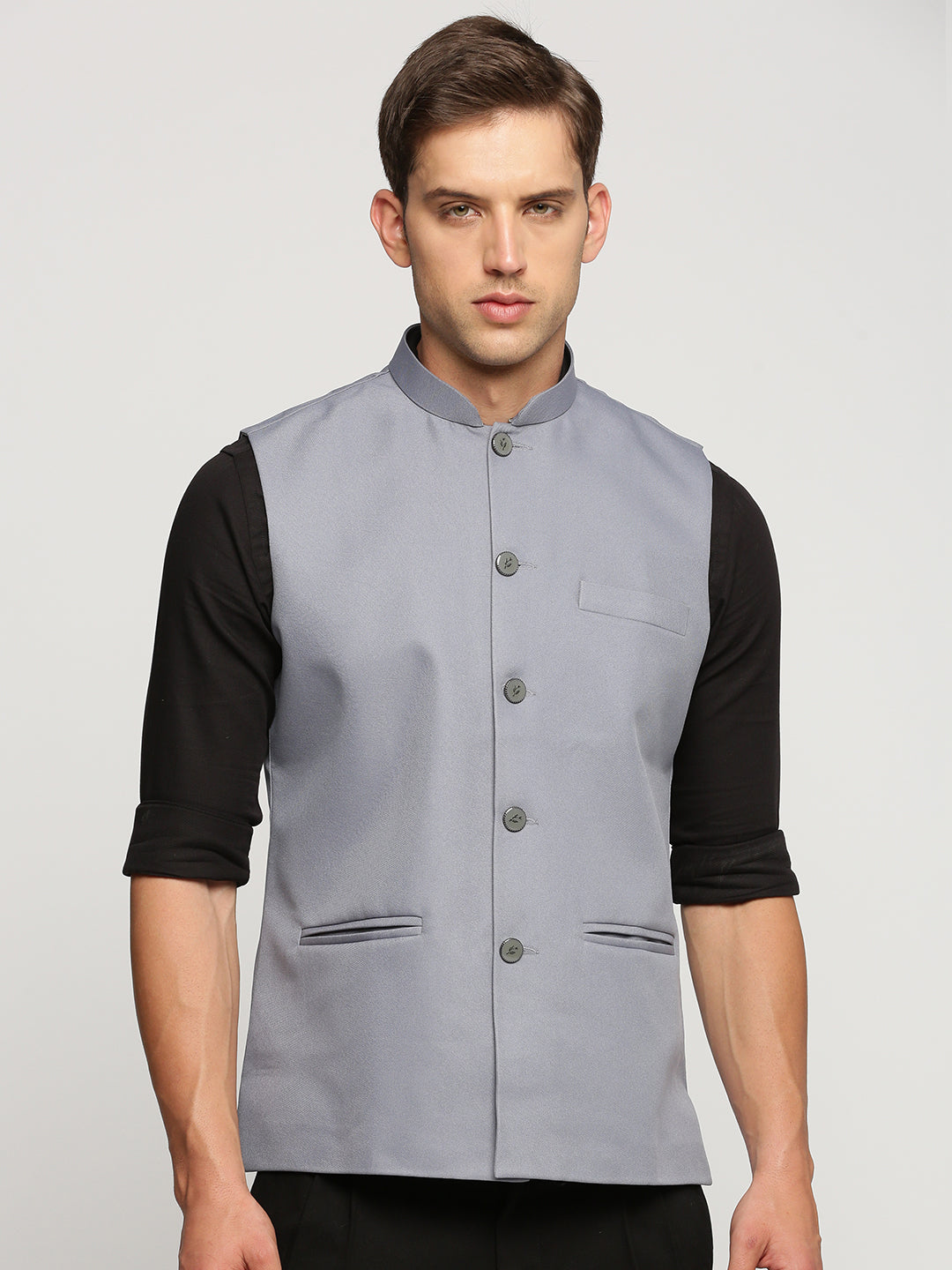 Men Grey Mandarin Collar Solid Nehru Jacket