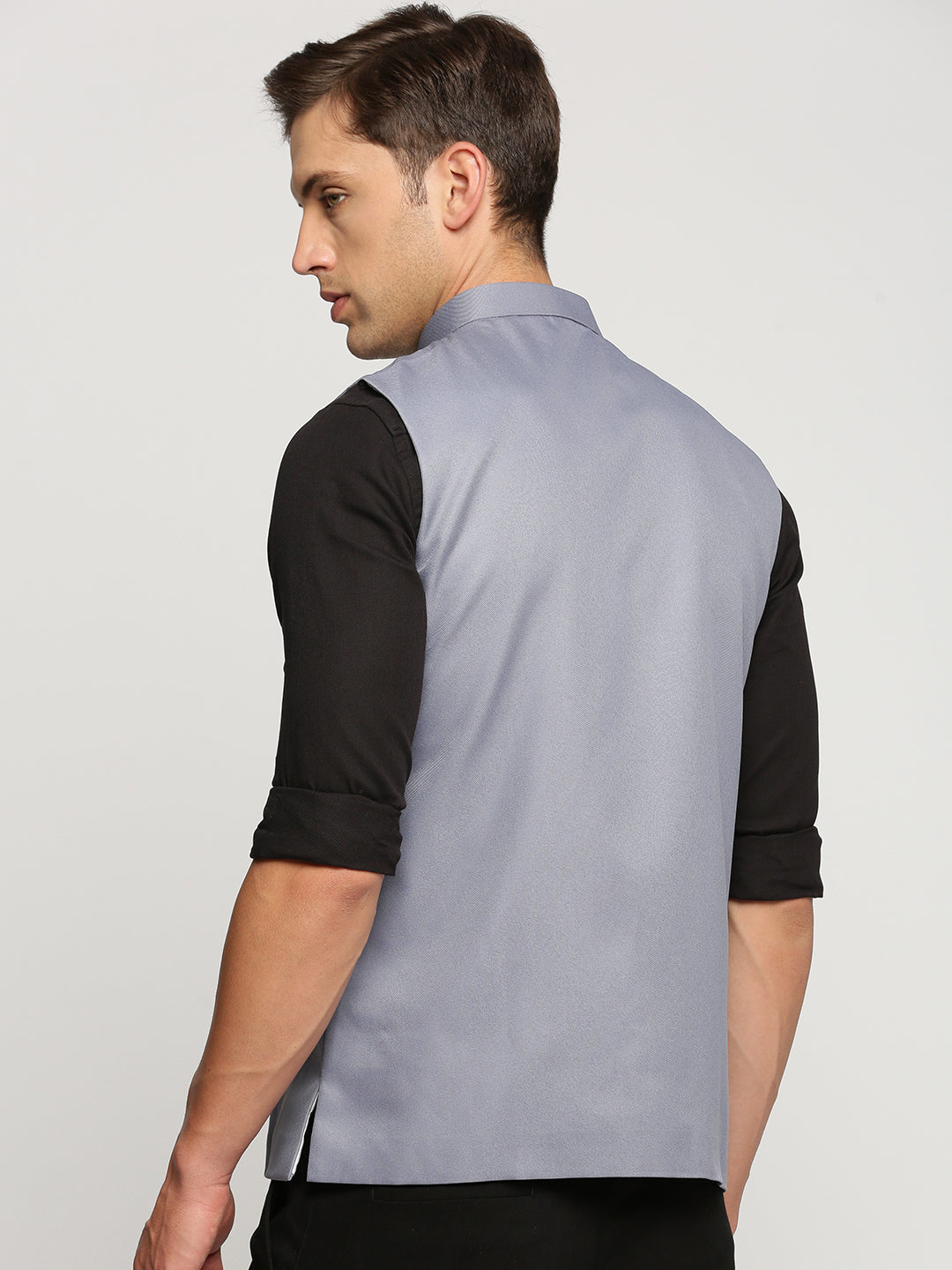 Men Grey Mandarin Collar Solid Nehru Jacket