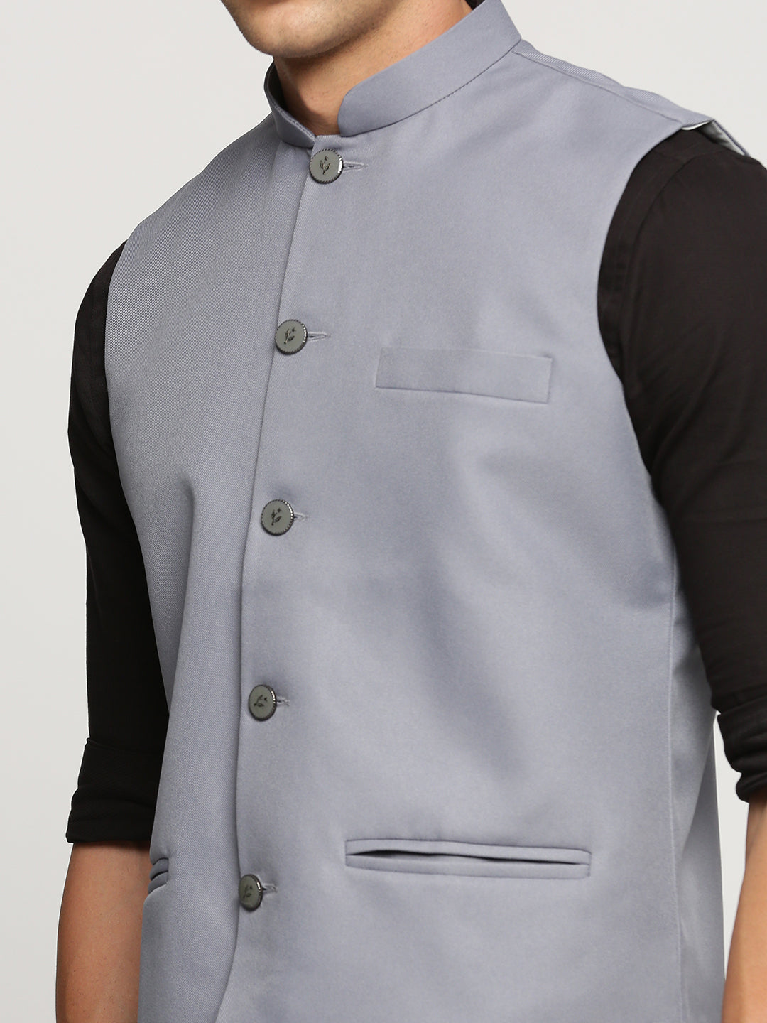 Men Grey Mandarin Collar Solid Nehru Jacket