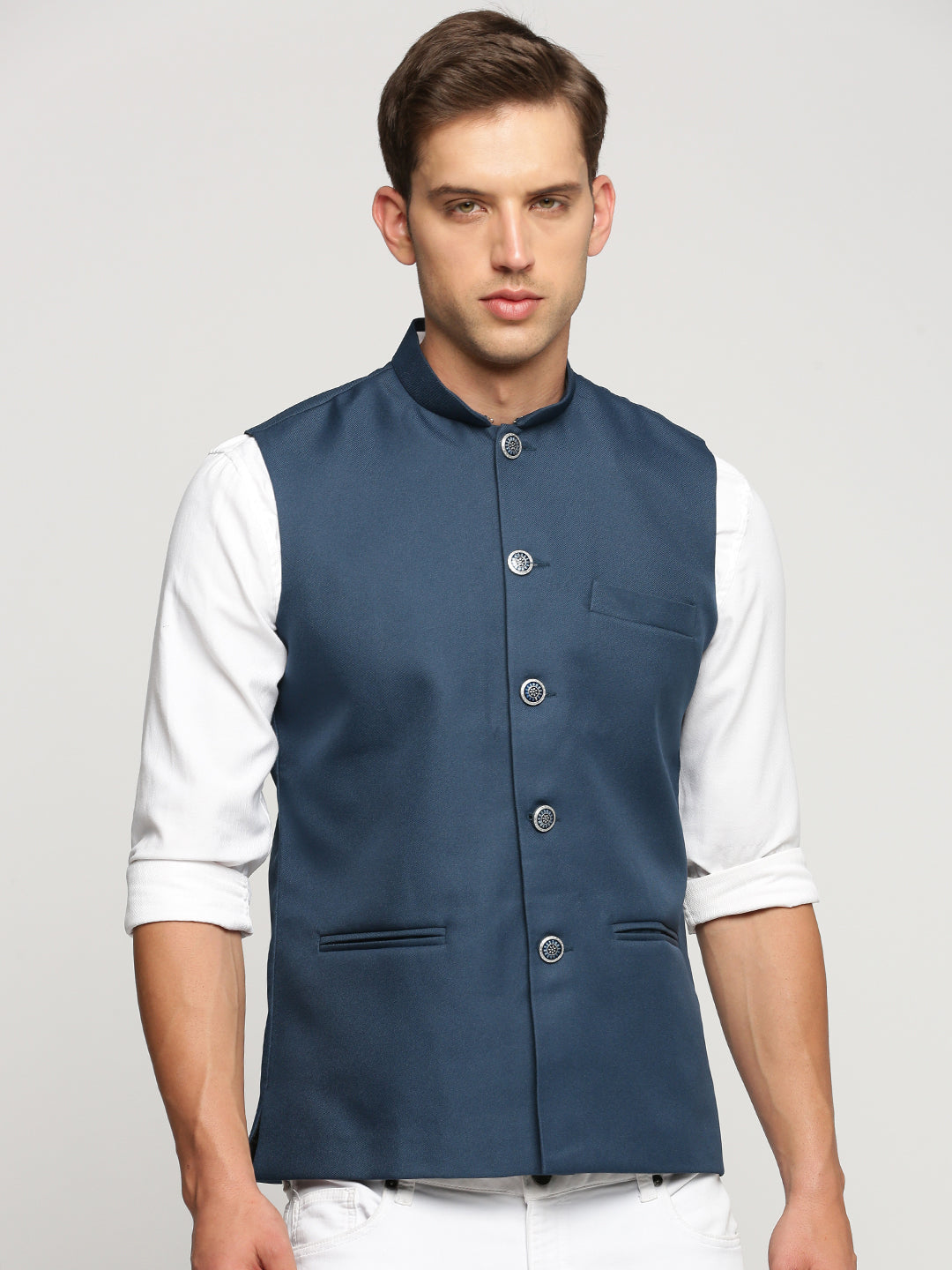 Men's Teal Mandarin Collar Solid Nehru Jacket