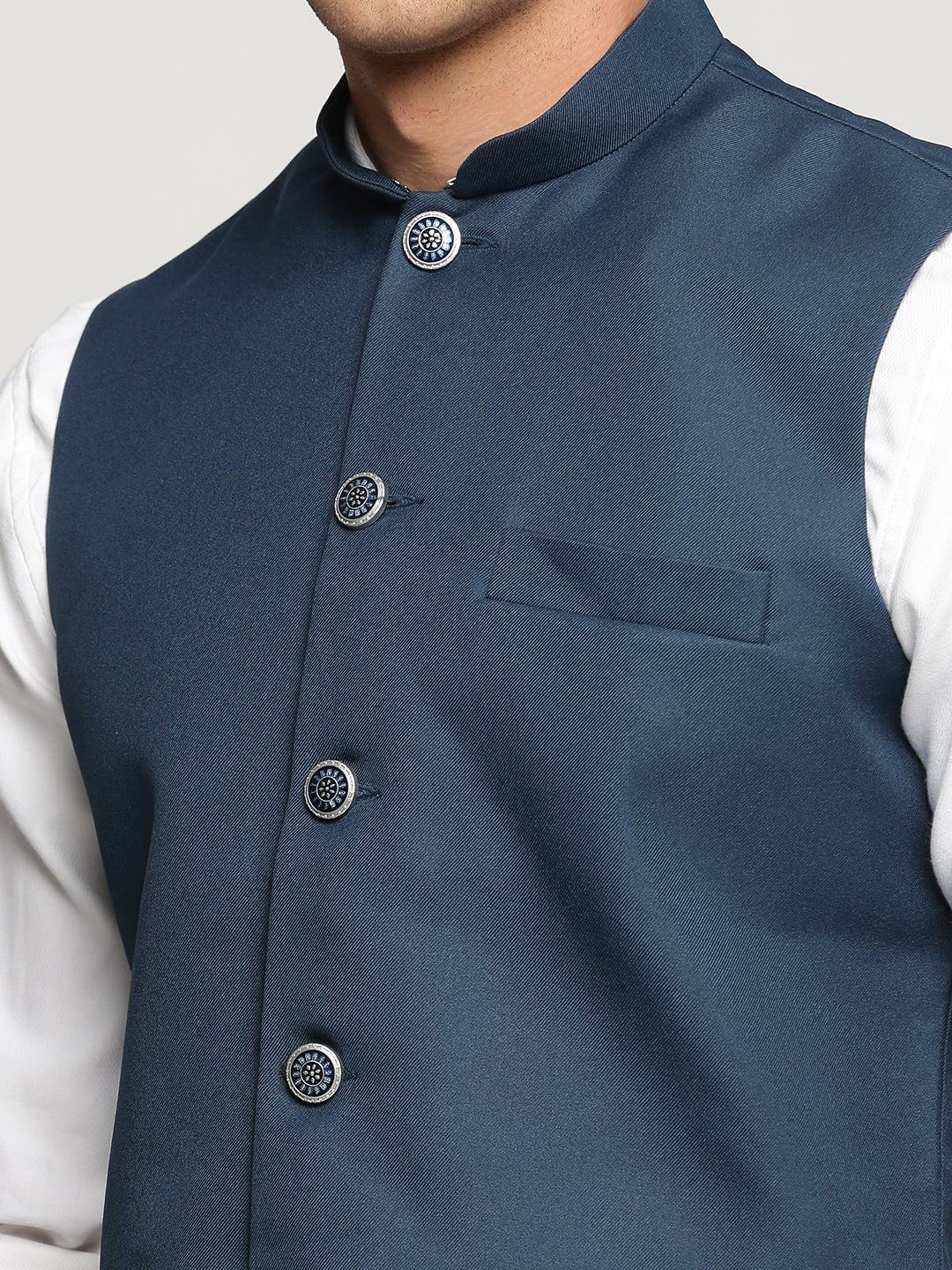 Men's Teal Mandarin Collar Solid Nehru Jacket