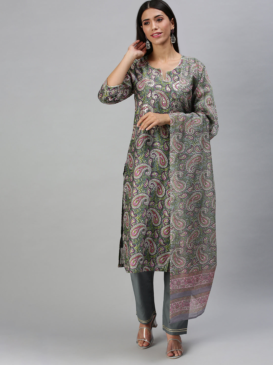 Women's Grey Floral Printed Straight Kurta Set With Dupatta