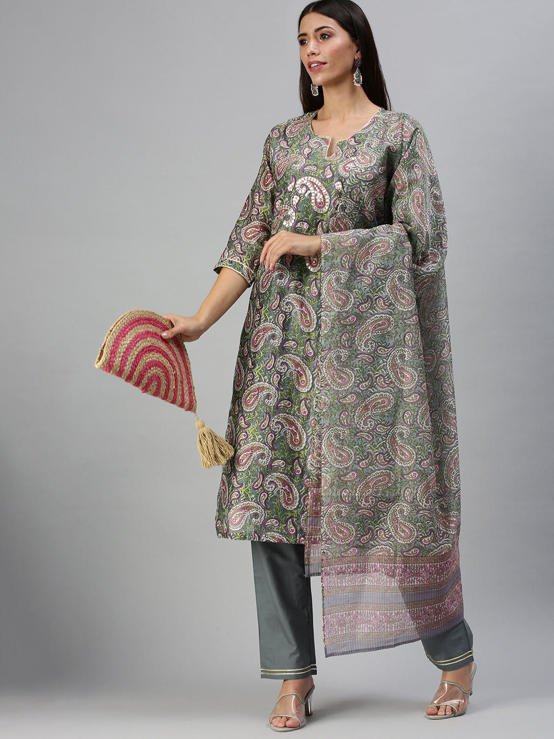 Women's Grey Printed Kurta Sets