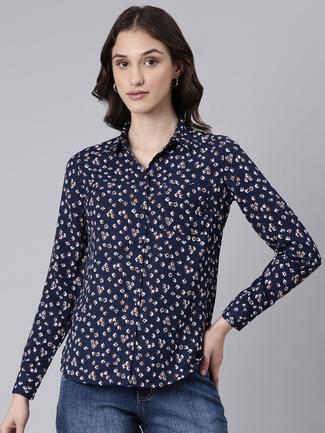 Women Navy Blue Floral Shirt