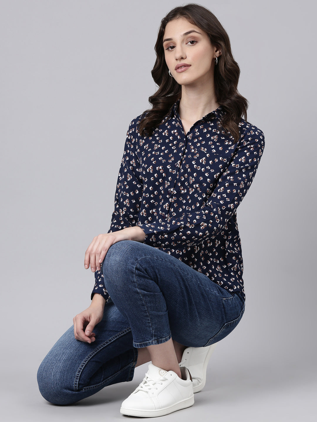 Women Navy Blue Floral Shirt